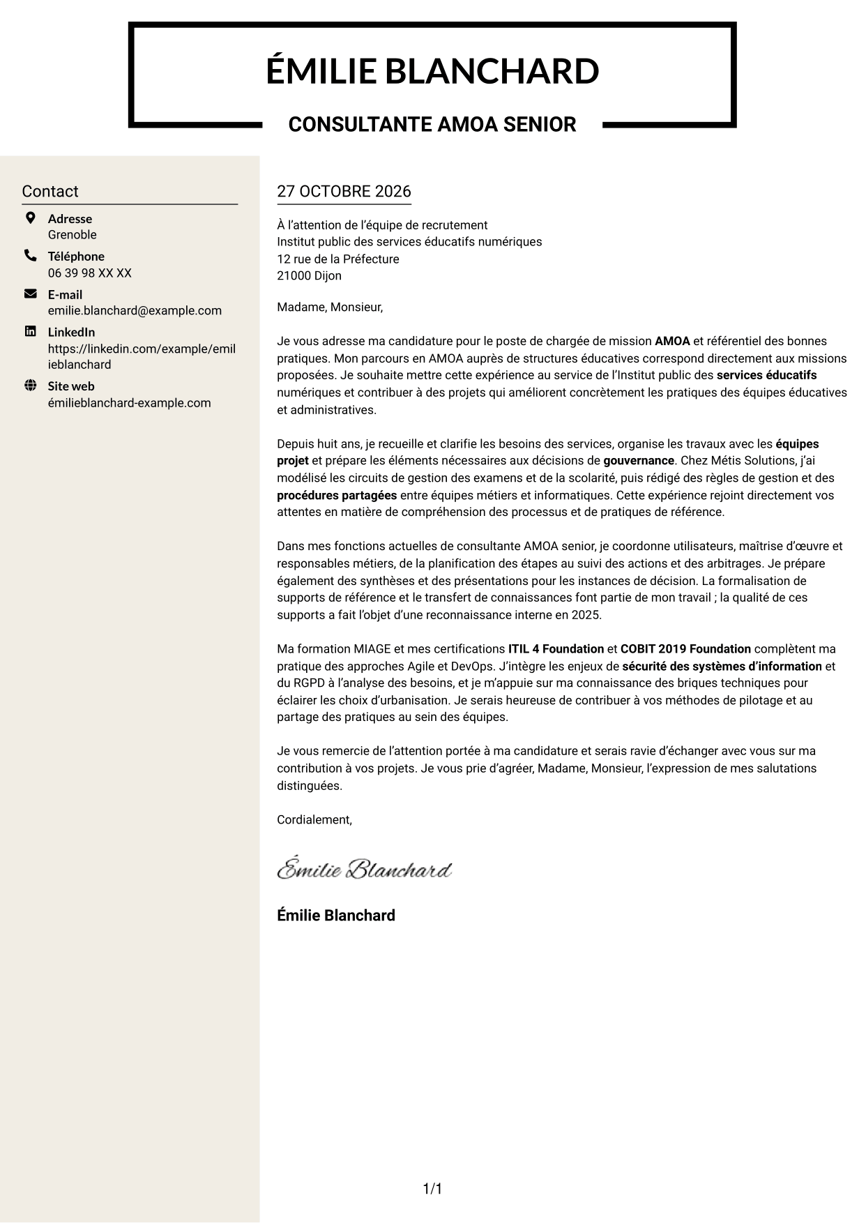 Lettre de motivation Fonceur (format à deux colonnes avec en-tête centré sans photo) : Chargée de mission AMOA et Référentiel des bonnes pratiques (RBP), page 1