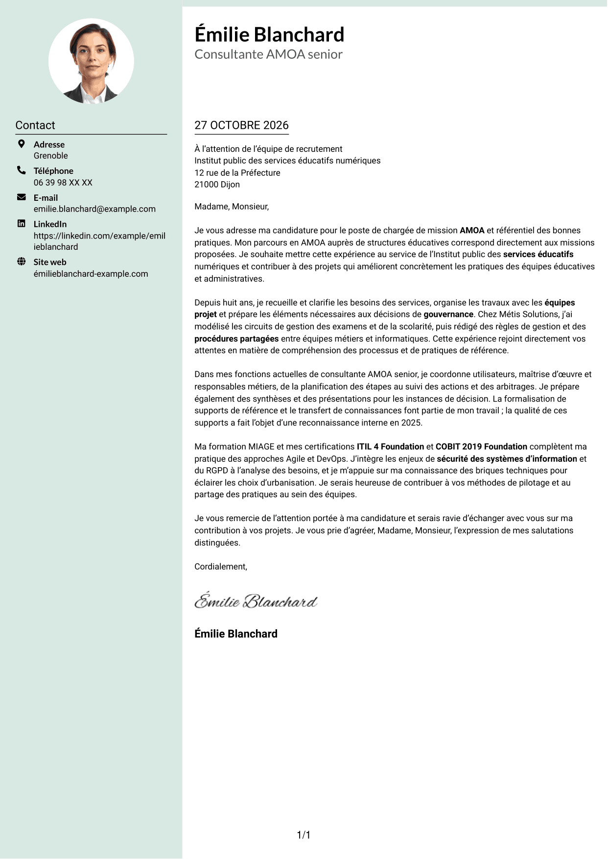 Lettre de motivation Cadre (format à colonne latérale douce avec photo arrondie) : Chargée de mission AMOA et Référentiel des bonnes pratiques (RBP), page 1