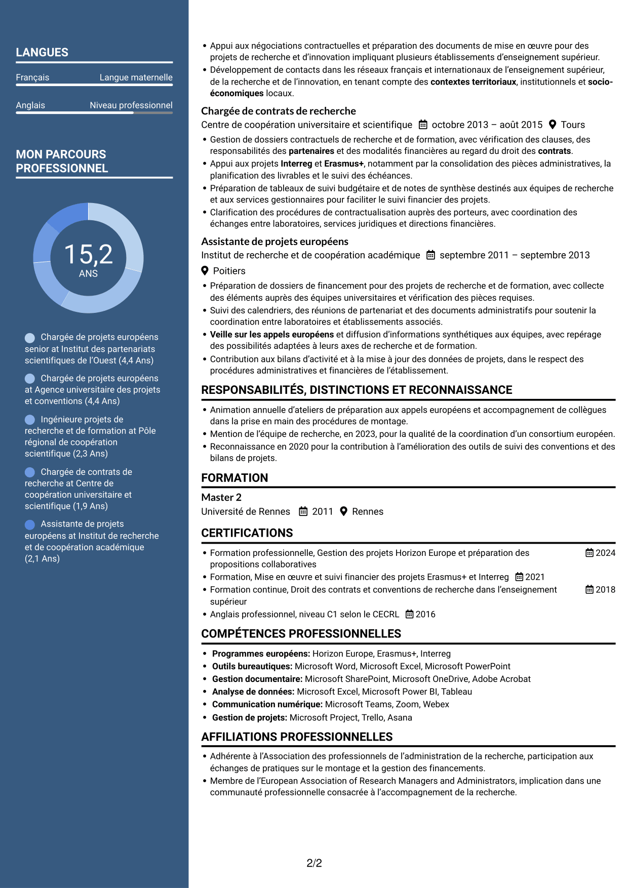 CV Élégant (format à colonne latérale colorée avec photo) : Chargée de projets européens - Financements collaboratifs, page 2