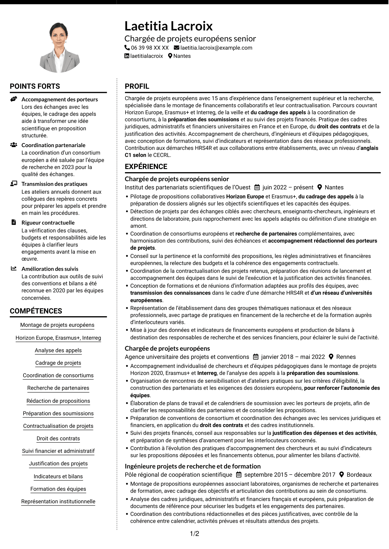CV Moderne (format à deux colonnes avec photo à gauche et séparateur) : Chargée de projets européens - Financements collaboratifs, page 1