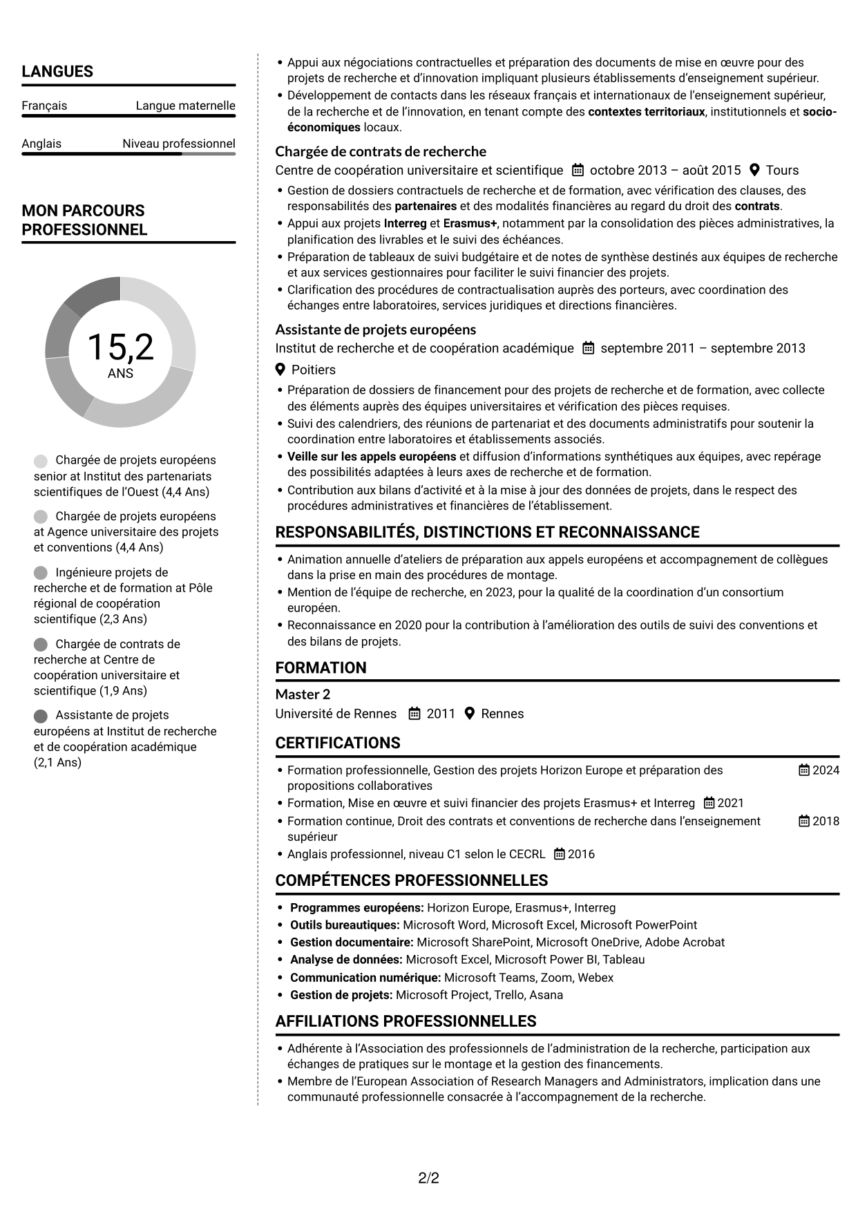 CV Moderne (format à deux colonnes avec photo à gauche et séparateur) : Chargée de projets européens - Financements collaboratifs, page 2