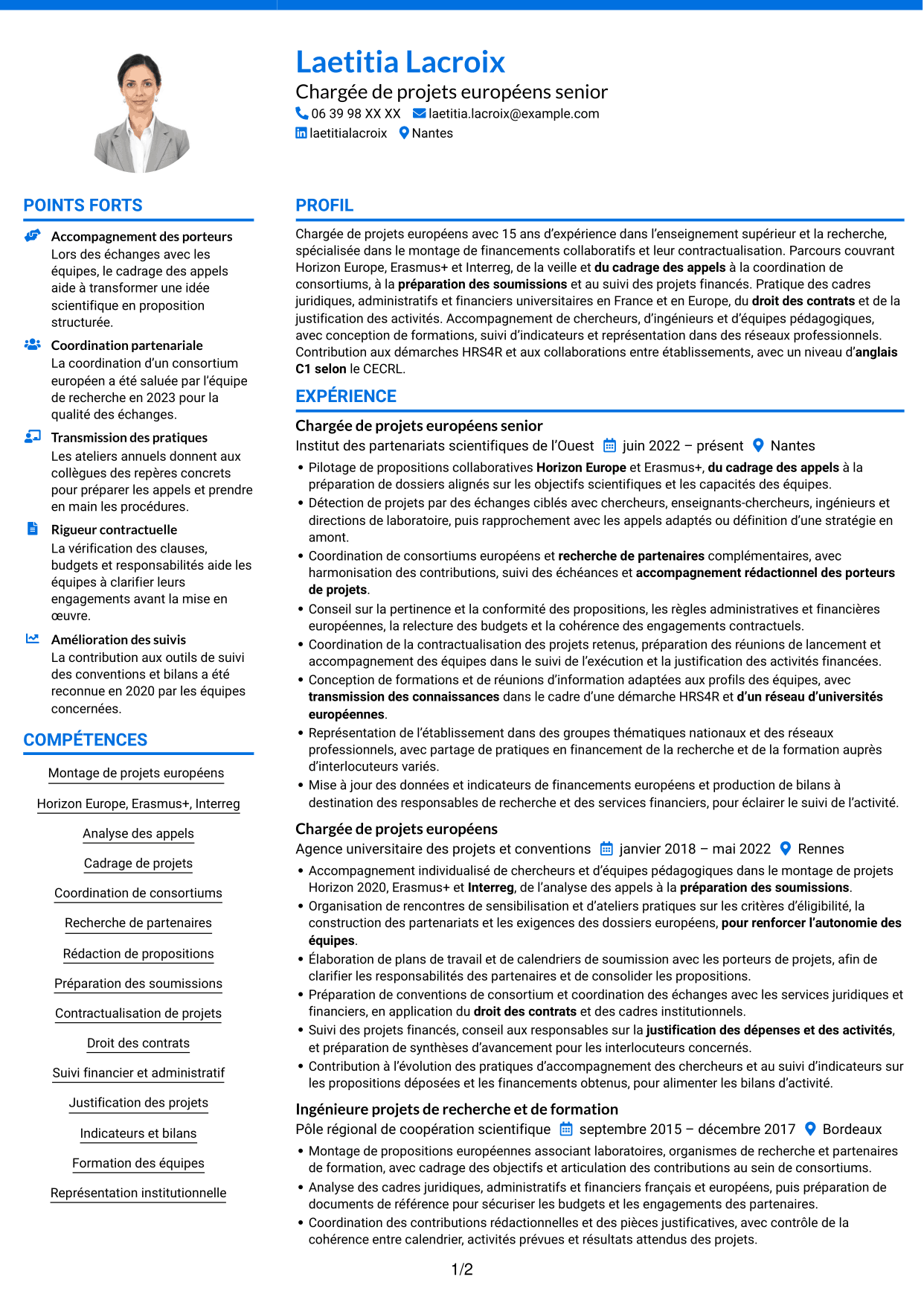 CV Audacieux (format à deux colonnes avec accents colorés et photo) : Chargée de projets européens - Financements collaboratifs, page 1