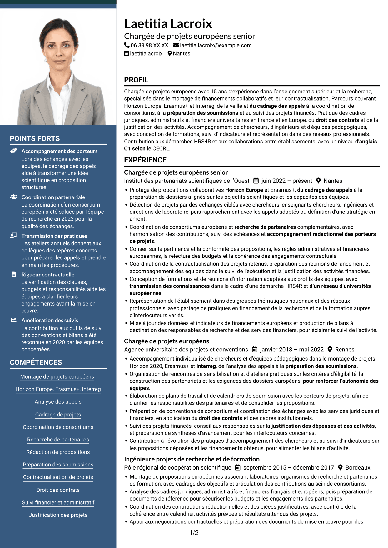 CV Signature (format à colonne latérale colorée avec grande photo) : Chargée de projets européens - Financements collaboratifs, page 1