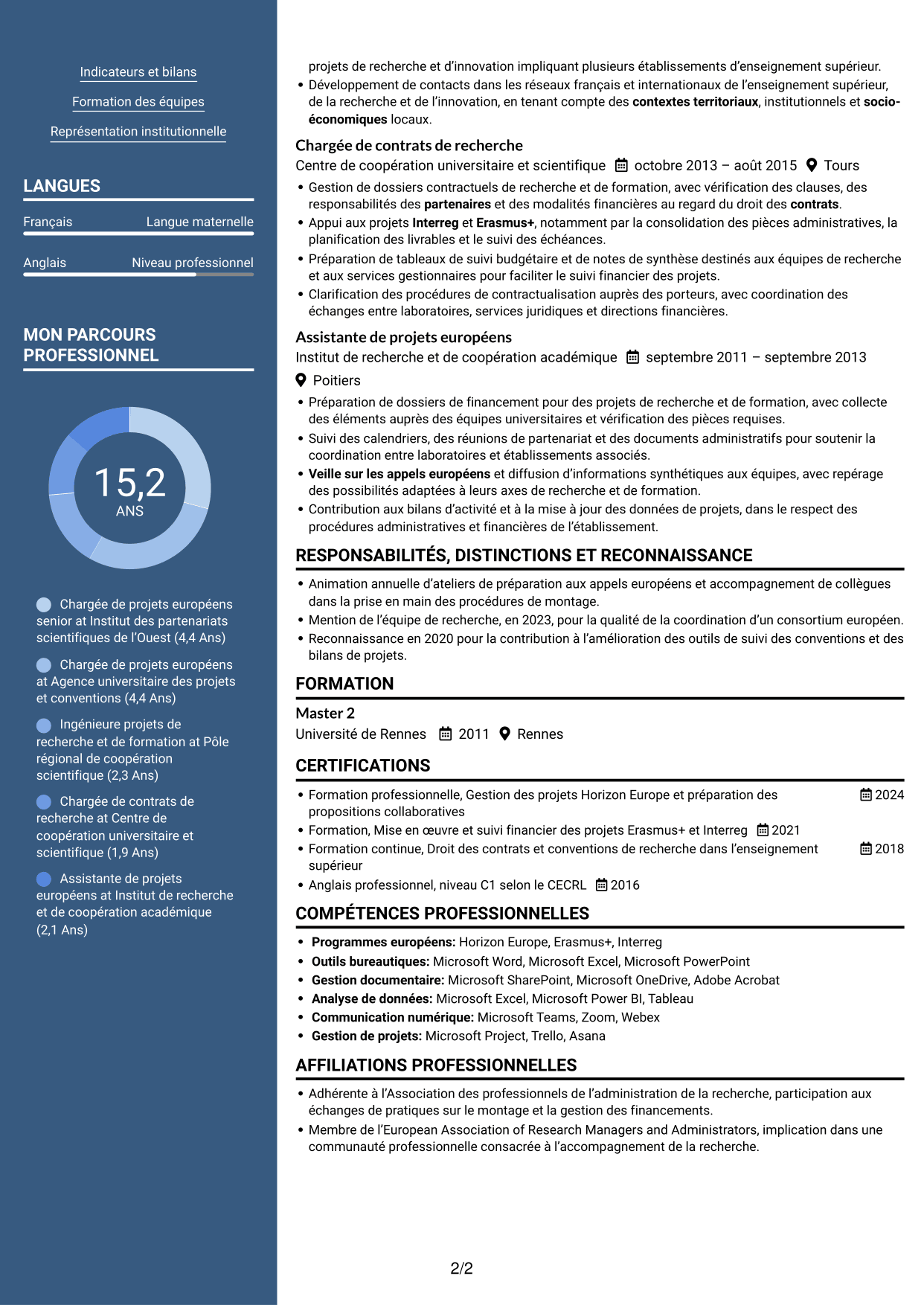 CV Signature (format à colonne latérale colorée avec grande photo) : Chargée de projets européens - Financements collaboratifs, page 2