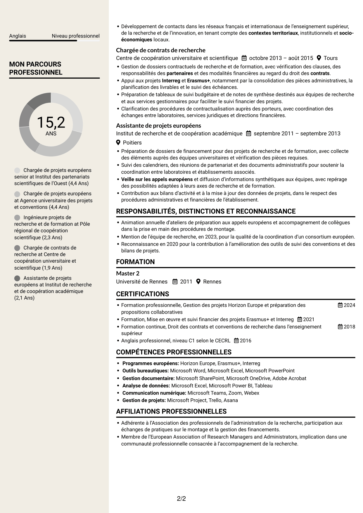 CV Fonceur (format à deux colonnes avec en-tête centré sans photo) : Chargée de projets européens - Financements collaboratifs, page 2