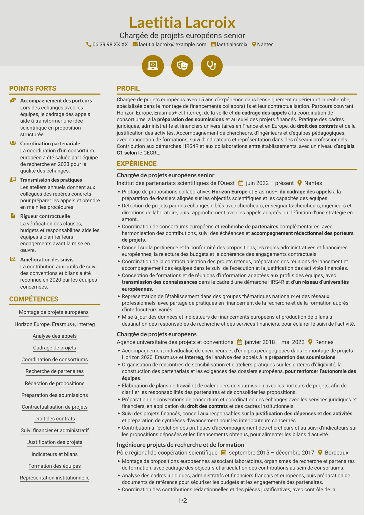 CV Dynamique (format à deux colonnes avec icônes) : Chargée de projets européens - Financements collaboratifs, page 1