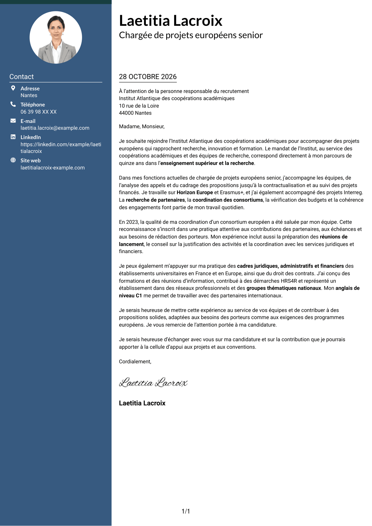 Lettre de motivation Élégant (format à colonne latérale colorée avec photo) : Chargée de projets européens - Financements collaboratifs, page 1