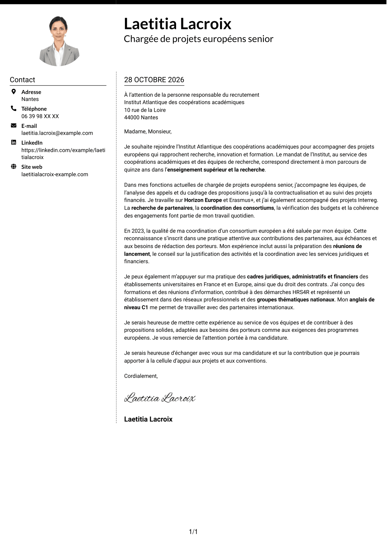 Lettre de motivation Moderne (format à deux colonnes avec photo à gauche et séparateur) : Chargée de projets européens - Financements collaboratifs, page 1