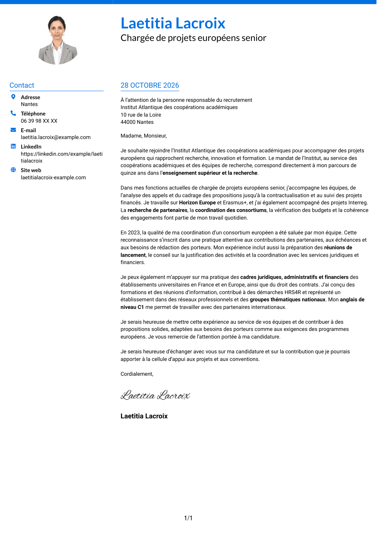 Lettre de motivation Audacieux (format à deux colonnes avec accents colorés et photo) : Chargée de projets européens - Financements collaboratifs, page 1