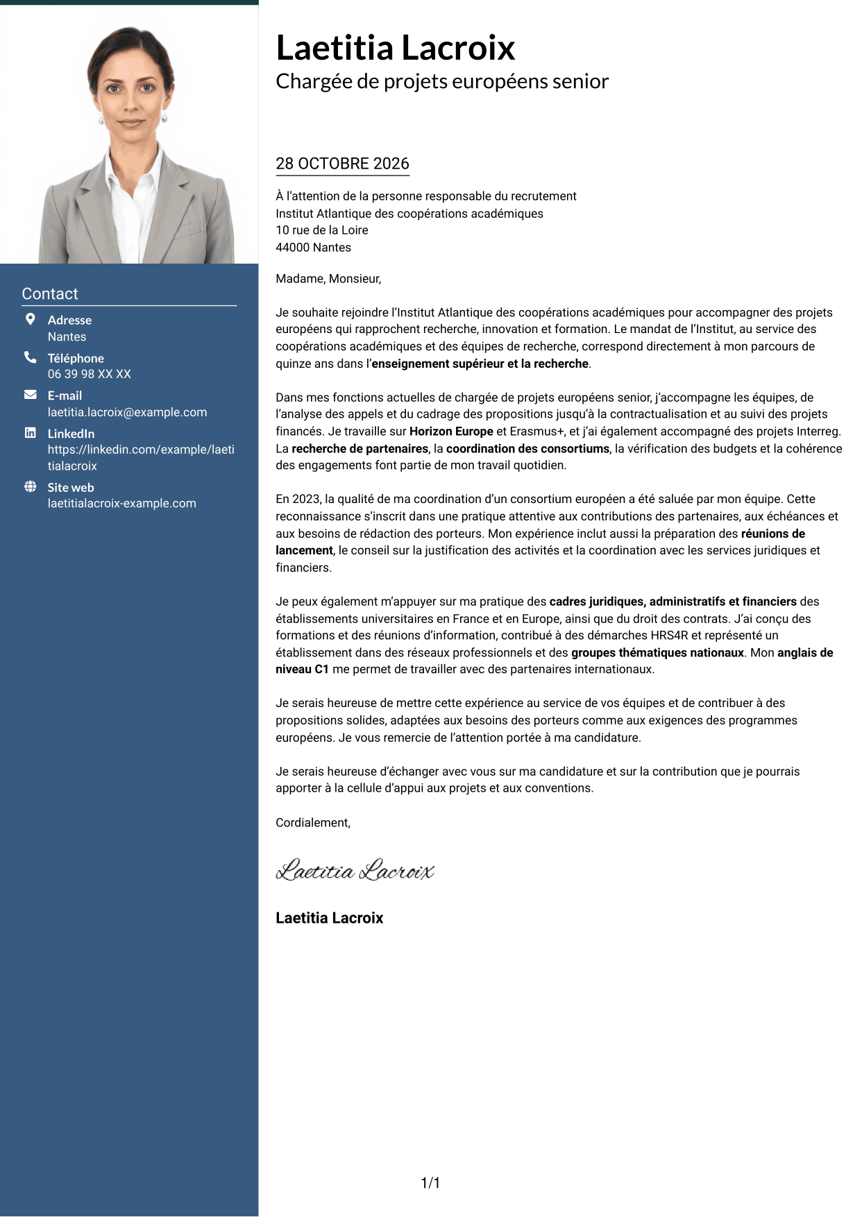Lettre de motivation Signature (format à colonne latérale colorée avec grande photo) : Chargée de projets européens - Financements collaboratifs, page 1