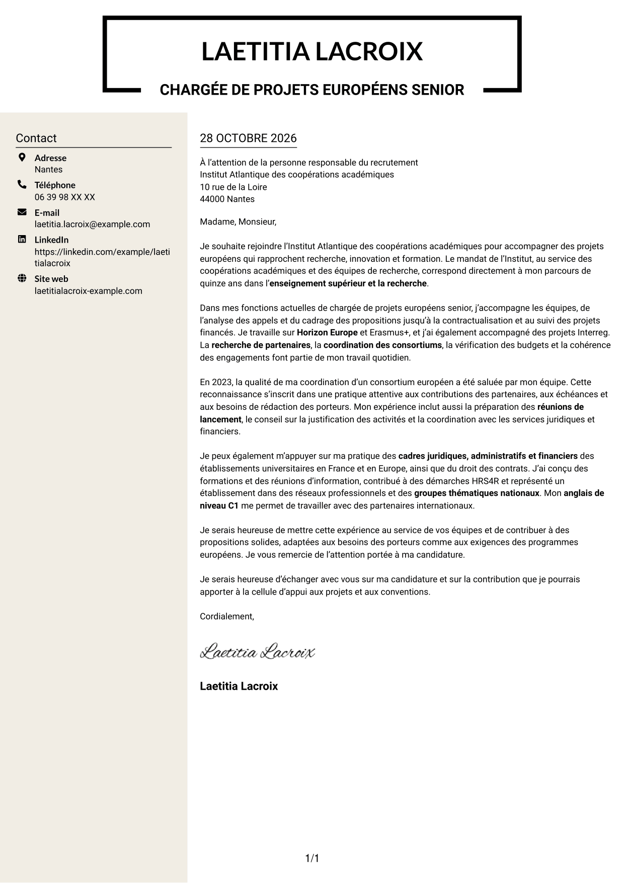 Lettre de motivation Fonceur (format à deux colonnes avec en-tête centré sans photo) : Chargée de projets européens - Financements collaboratifs, page 1
