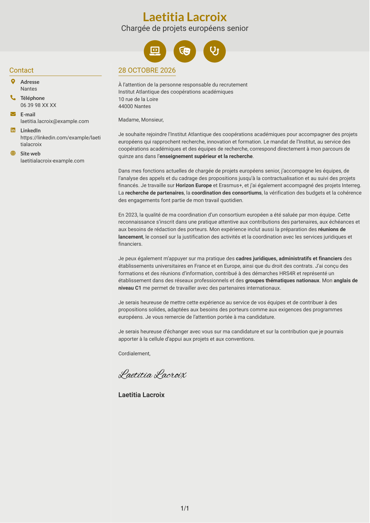 Lettre de motivation Dynamique (format à deux colonnes avec icônes) : Chargée de projets européens - Financements collaboratifs, page 1