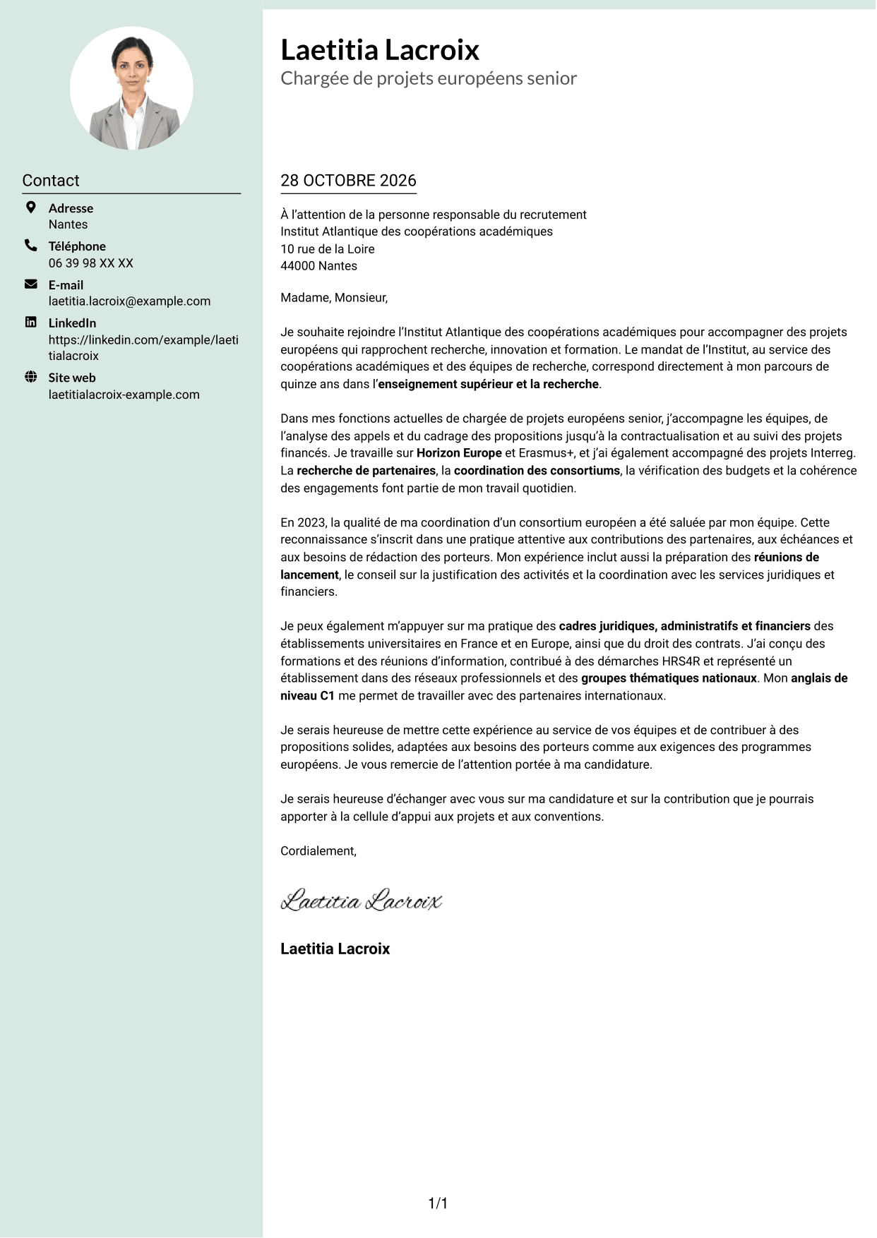 Lettre de motivation Cadre (format à colonne latérale douce avec photo arrondie) : Chargée de projets européens - Financements collaboratifs, page 1
