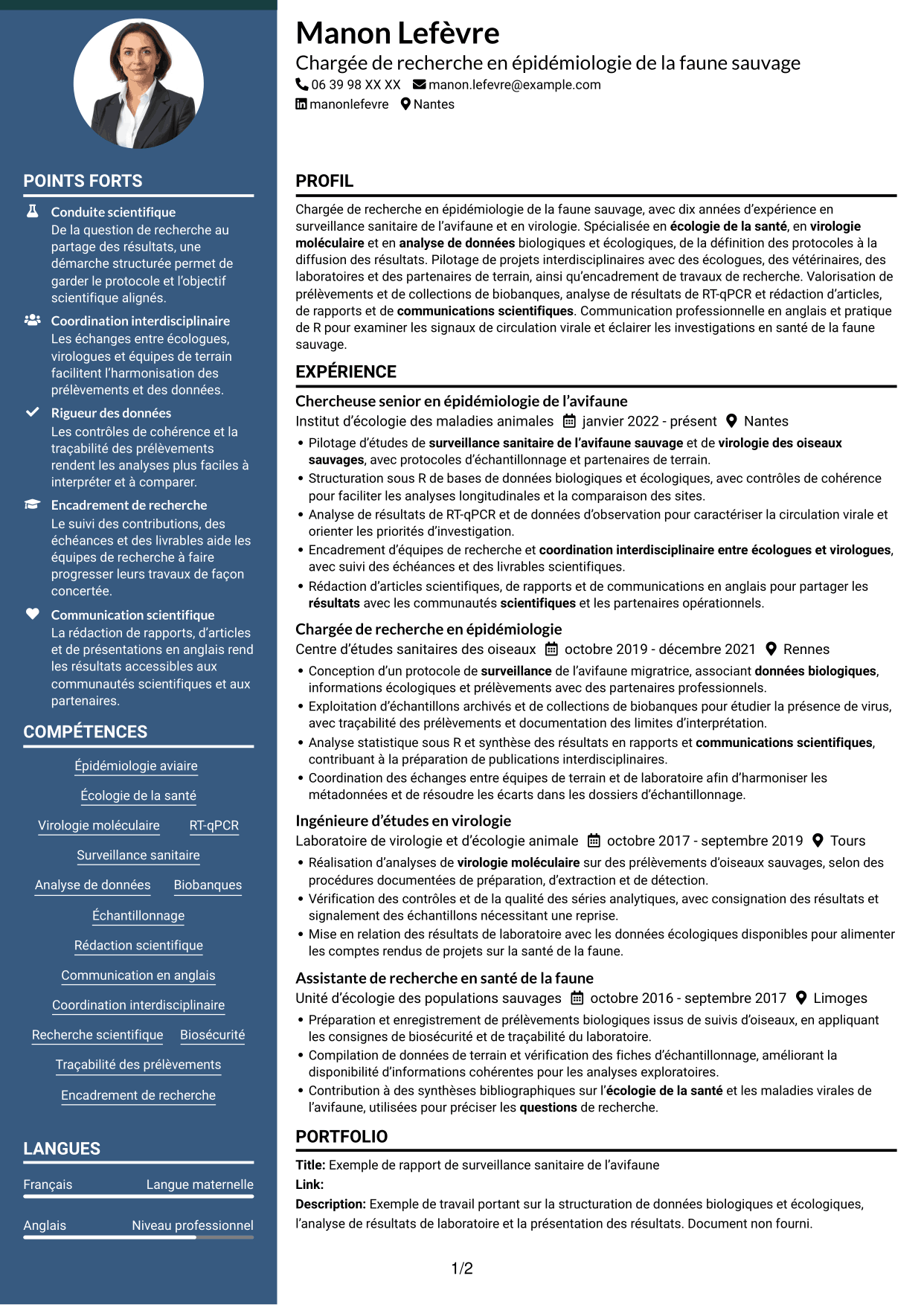 CV Élégant (format à colonne latérale colorée avec photo) : Chargée de recherche - Surveillance sanitaire de l’avifaune sauvage, page 1
