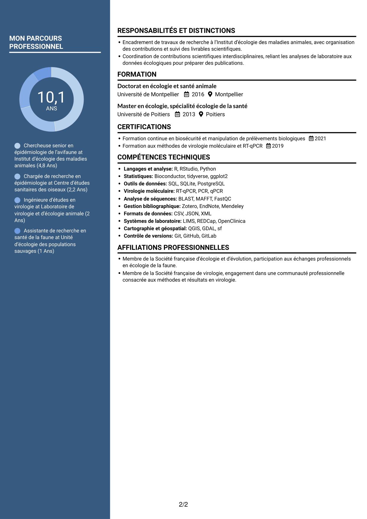 CV Élégant (format à colonne latérale colorée avec photo) : Chargée de recherche - Surveillance sanitaire de l’avifaune sauvage, page 2