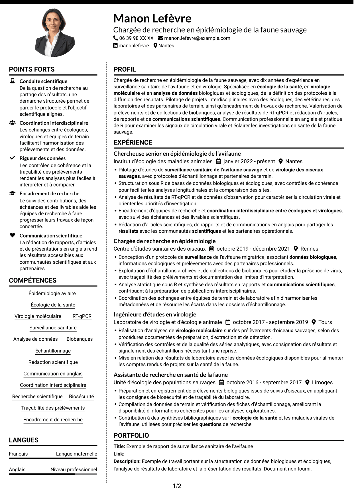 CV Moderne (format à deux colonnes avec photo à gauche et séparateur) : Chargée de recherche - Surveillance sanitaire de l’avifaune sauvage, page 1