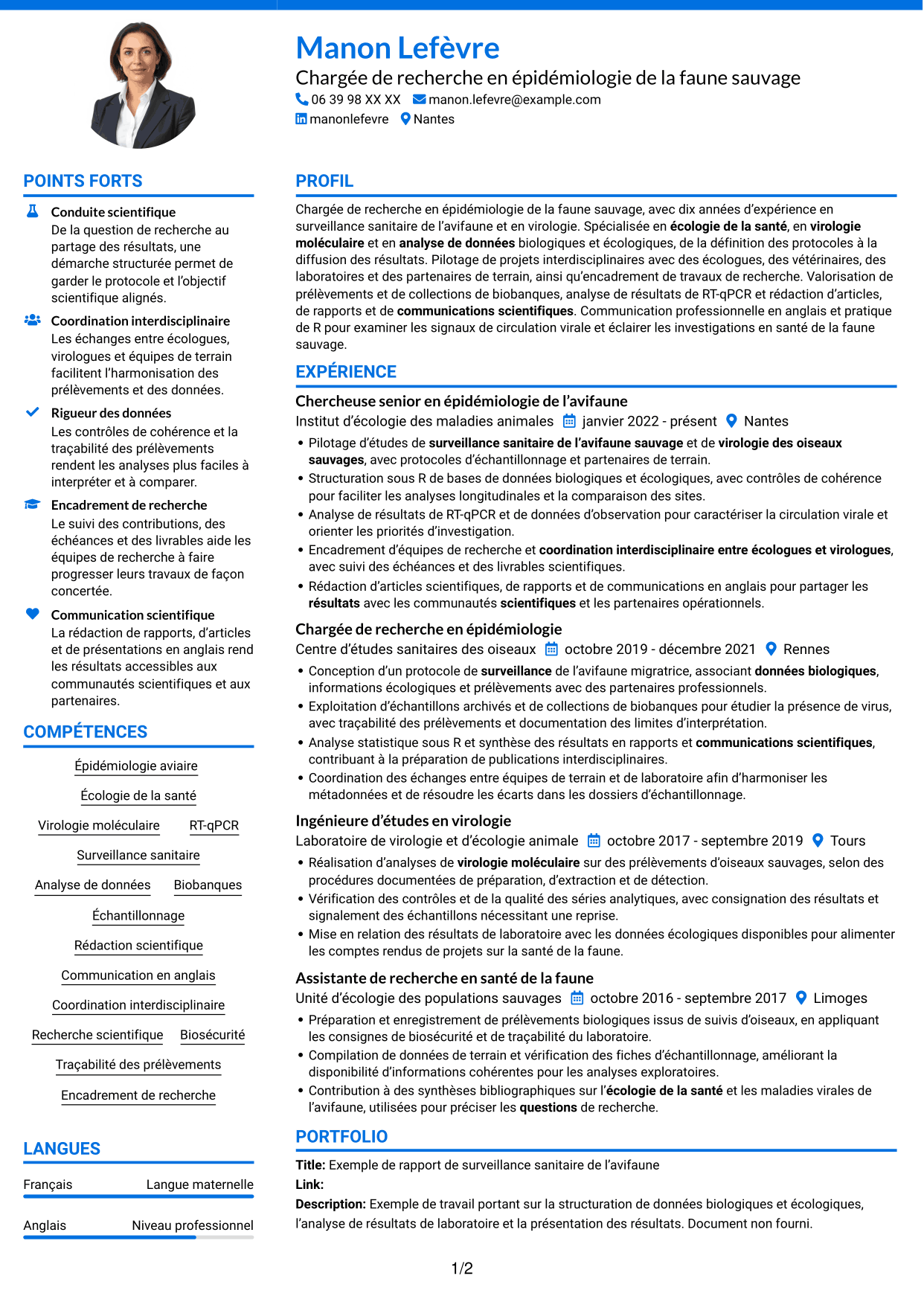 CV Audacieux (format à deux colonnes avec accents colorés et photo) : Chargée de recherche - Surveillance sanitaire de l’avifaune sauvage, page 1