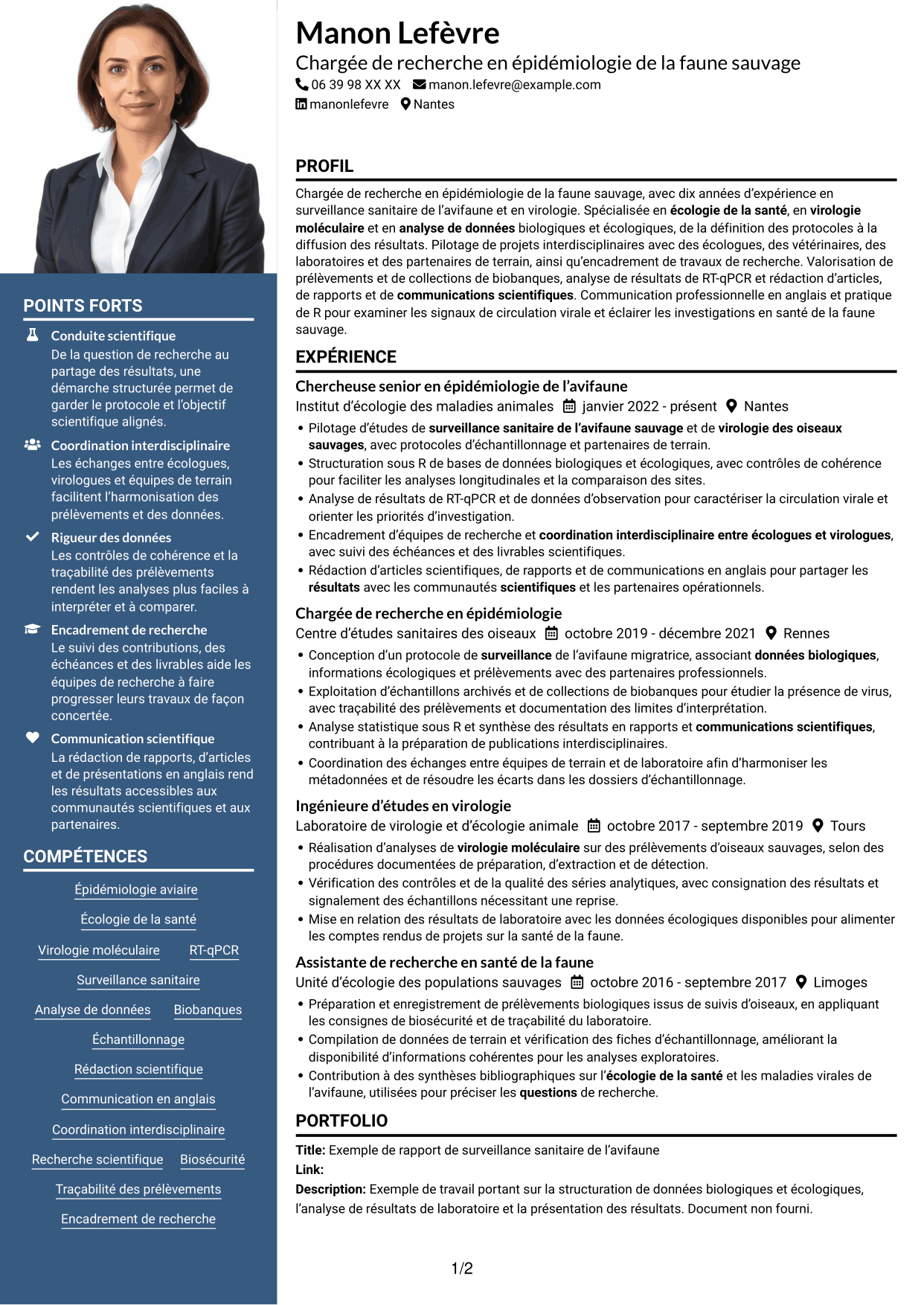 CV Signature (format à colonne latérale colorée avec grande photo) : Chargée de recherche - Surveillance sanitaire de l’avifaune sauvage, page 1