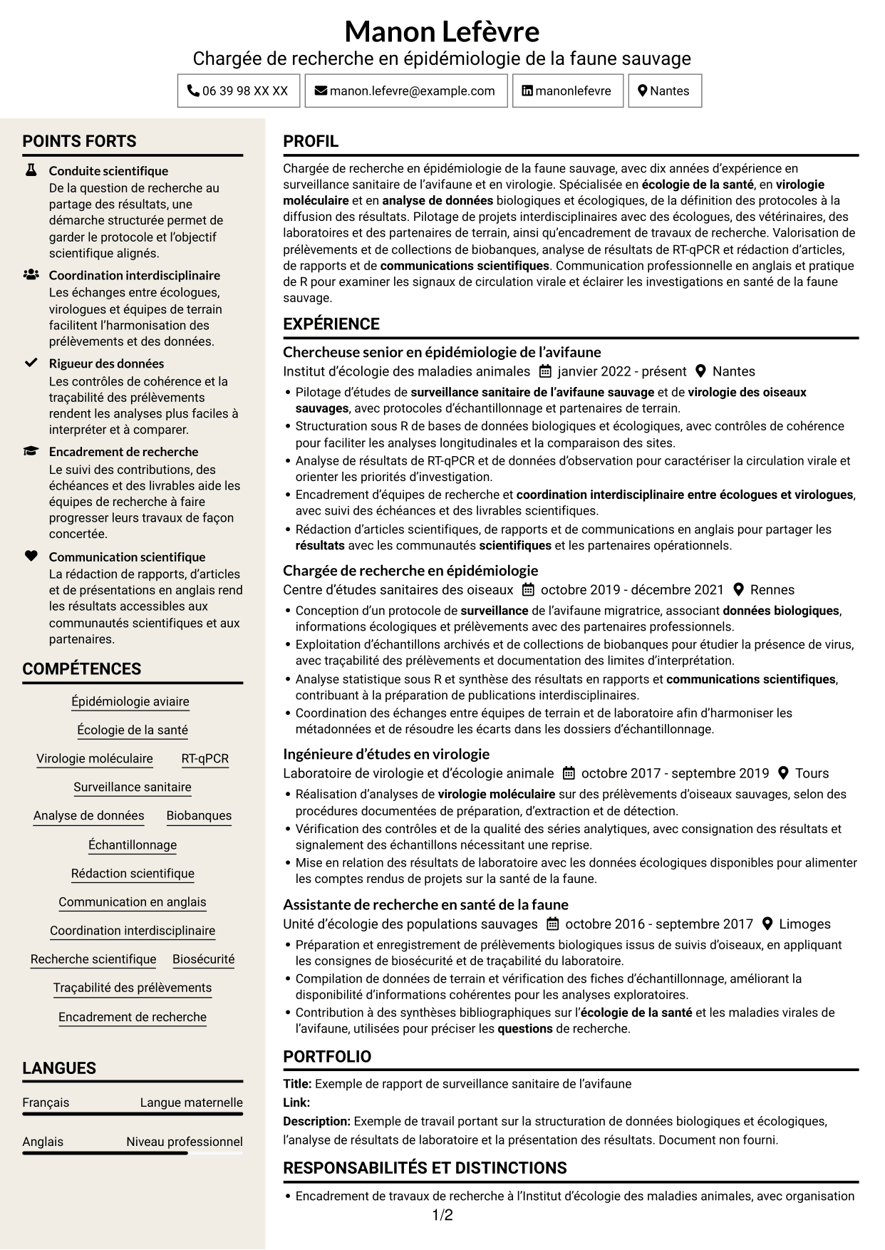 CV Fonceur (format à deux colonnes avec en-tête centré sans photo) : Chargée de recherche - Surveillance sanitaire de l’avifaune sauvage, page 1