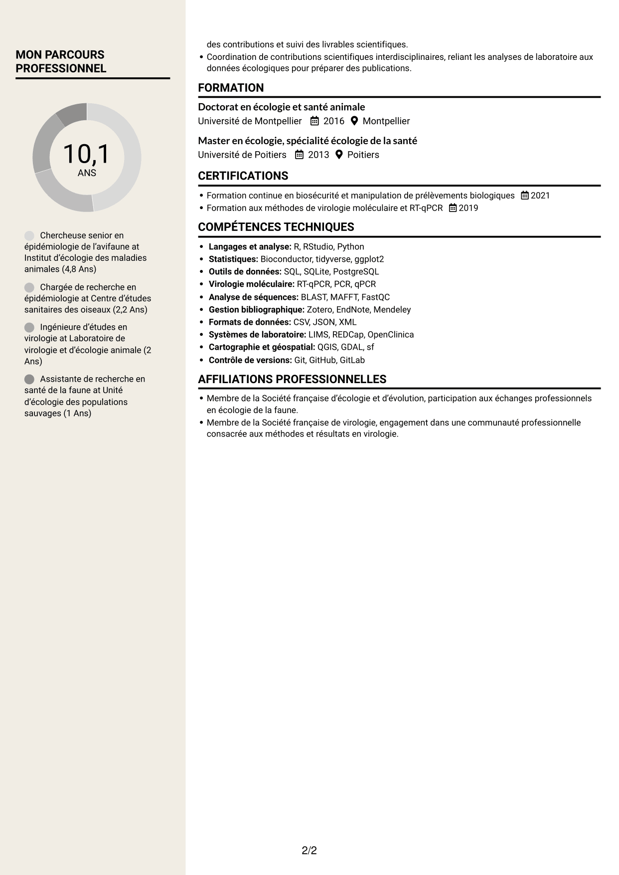 CV Fonceur (format à deux colonnes avec en-tête centré sans photo) : Chargée de recherche - Surveillance sanitaire de l’avifaune sauvage, page 2