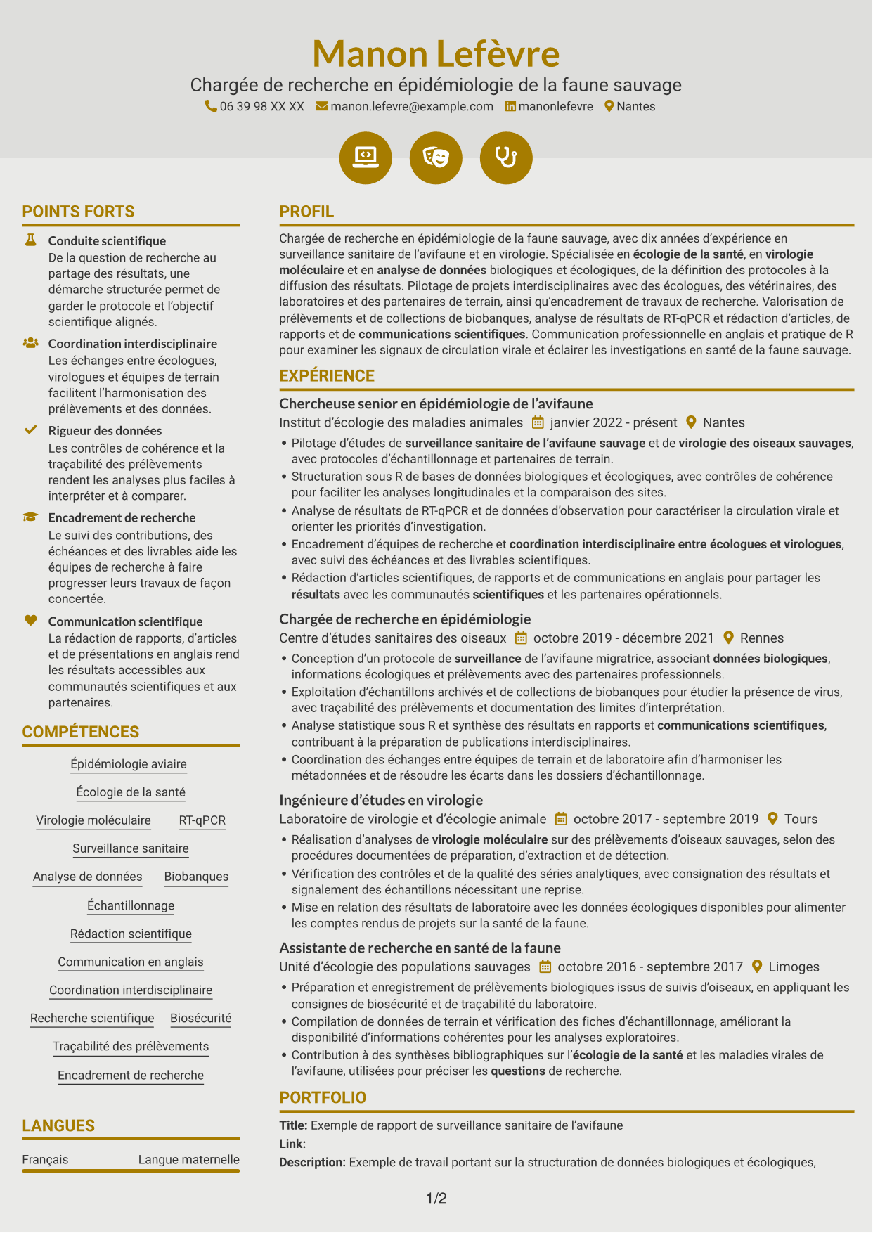 CV Dynamique (format à deux colonnes avec icônes) : Chargée de recherche - Surveillance sanitaire de l’avifaune sauvage, page 1