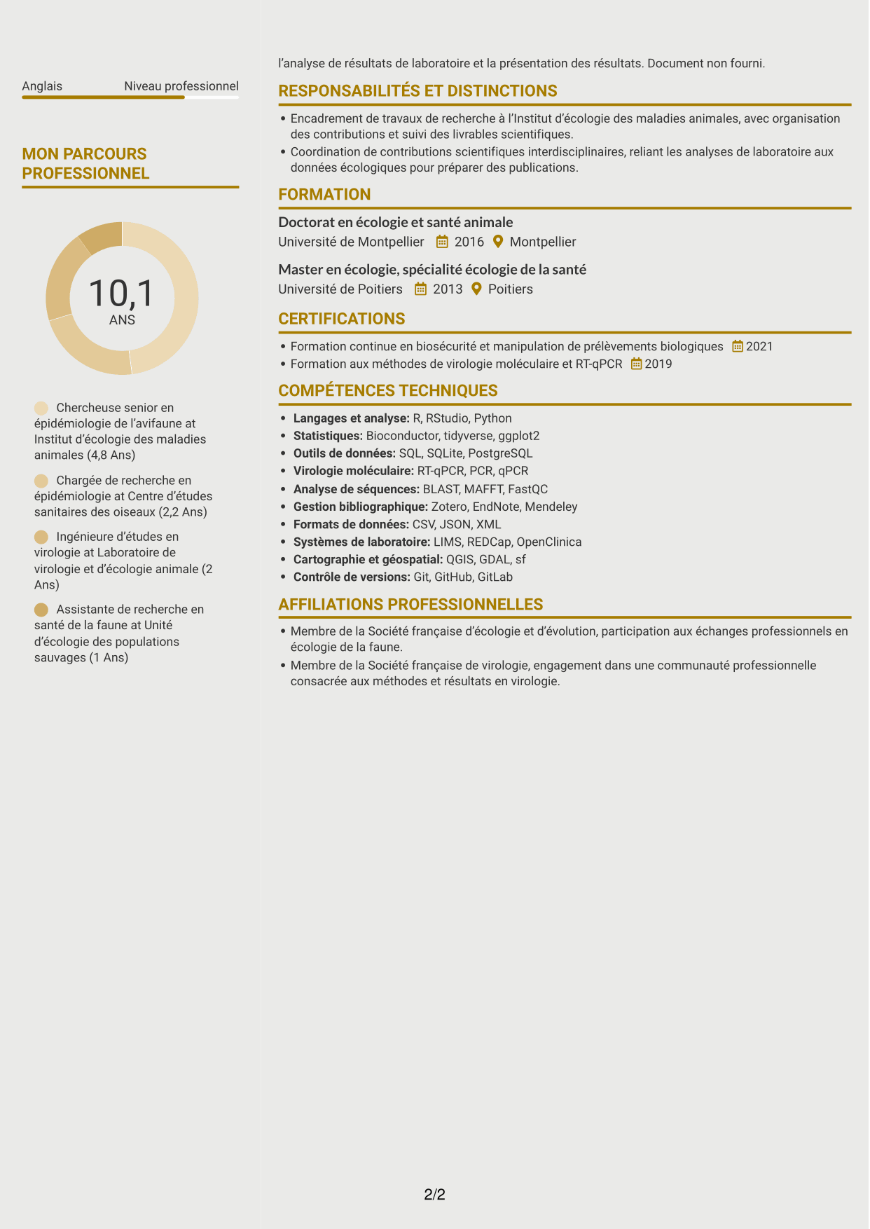 CV Dynamique (format à deux colonnes avec icônes) : Chargée de recherche - Surveillance sanitaire de l’avifaune sauvage, page 2