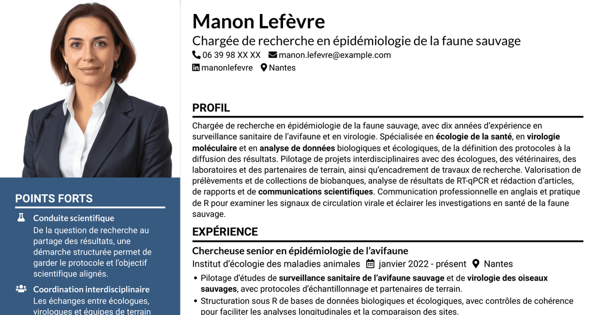 7 modèles de CV pour Chargée de recherche - Surveillance sanitaire de l’avifaune sauvage, avec exemples