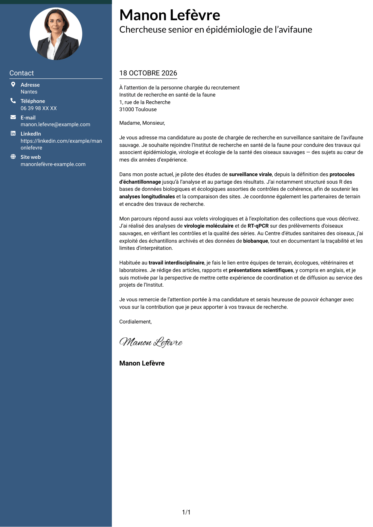 Lettre de motivation Élégant (format à colonne latérale colorée avec photo) : Chargée de recherche - Surveillance sanitaire de l’avifaune sauvage, page 1