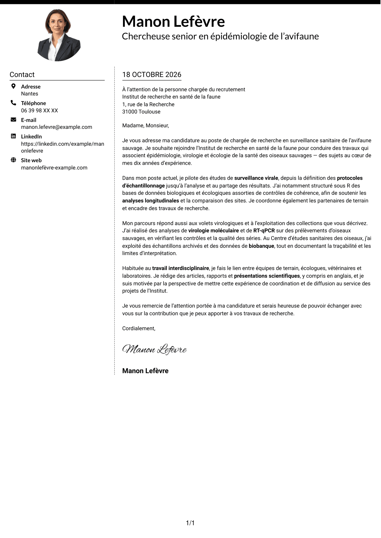 Lettre de motivation Moderne (format à deux colonnes avec photo à gauche et séparateur) : Chargée de recherche - Surveillance sanitaire de l’avifaune sauvage, page 1