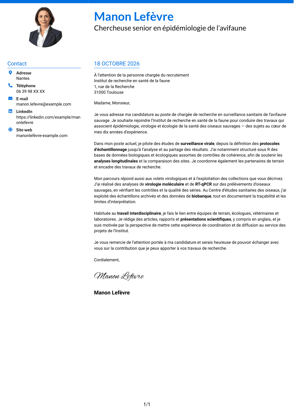 Lettre de motivation Audacieux (format à deux colonnes avec accents colorés et photo) : Chargée de recherche - Surveillance sanitaire de l’avifaune sauvage, page 1