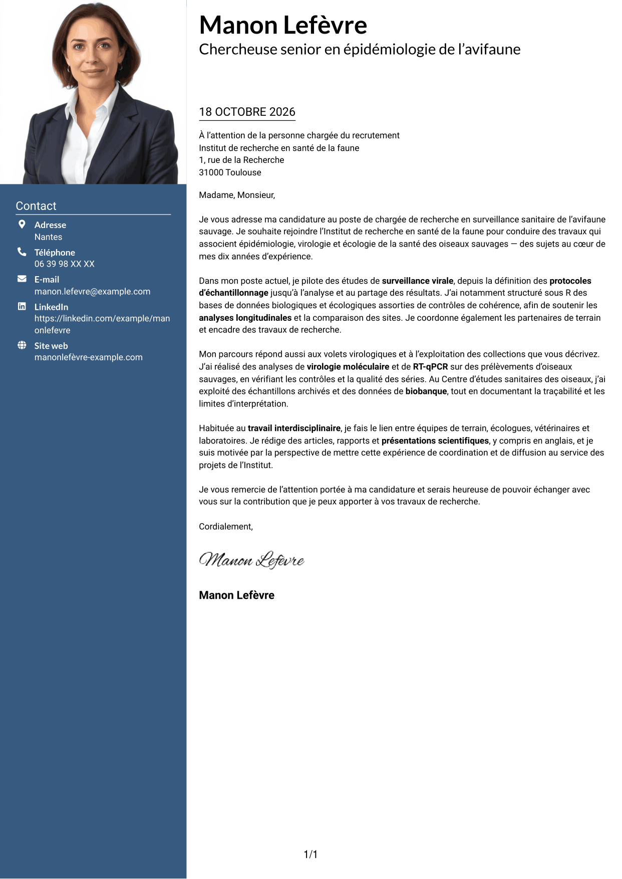 Lettre de motivation Signature (format à colonne latérale colorée avec grande photo) : Chargée de recherche - Surveillance sanitaire de l’avifaune sauvage, page 1