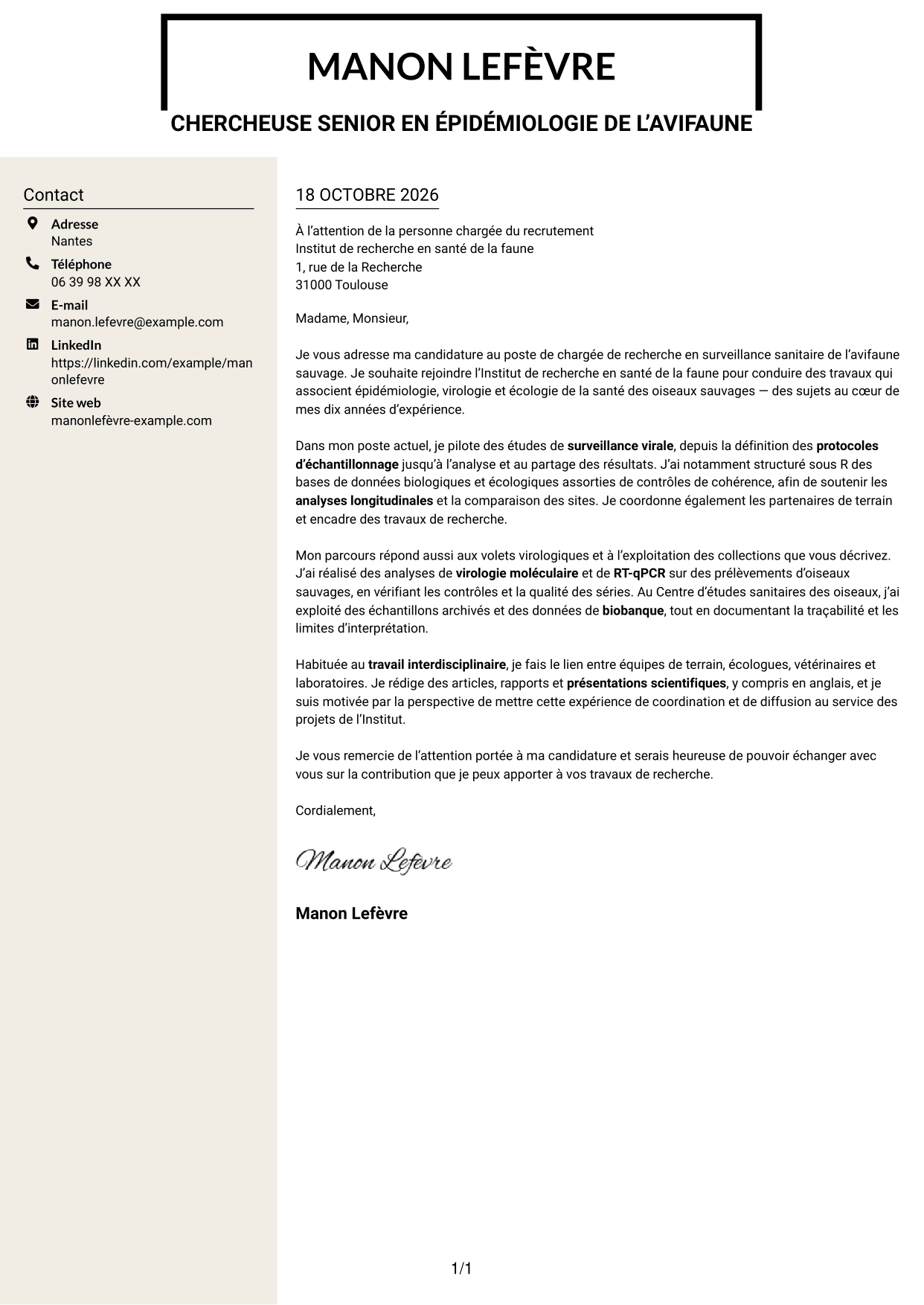 Lettre de motivation Fonceur (format à deux colonnes avec en-tête centré sans photo) : Chargée de recherche - Surveillance sanitaire de l’avifaune sauvage, page 1