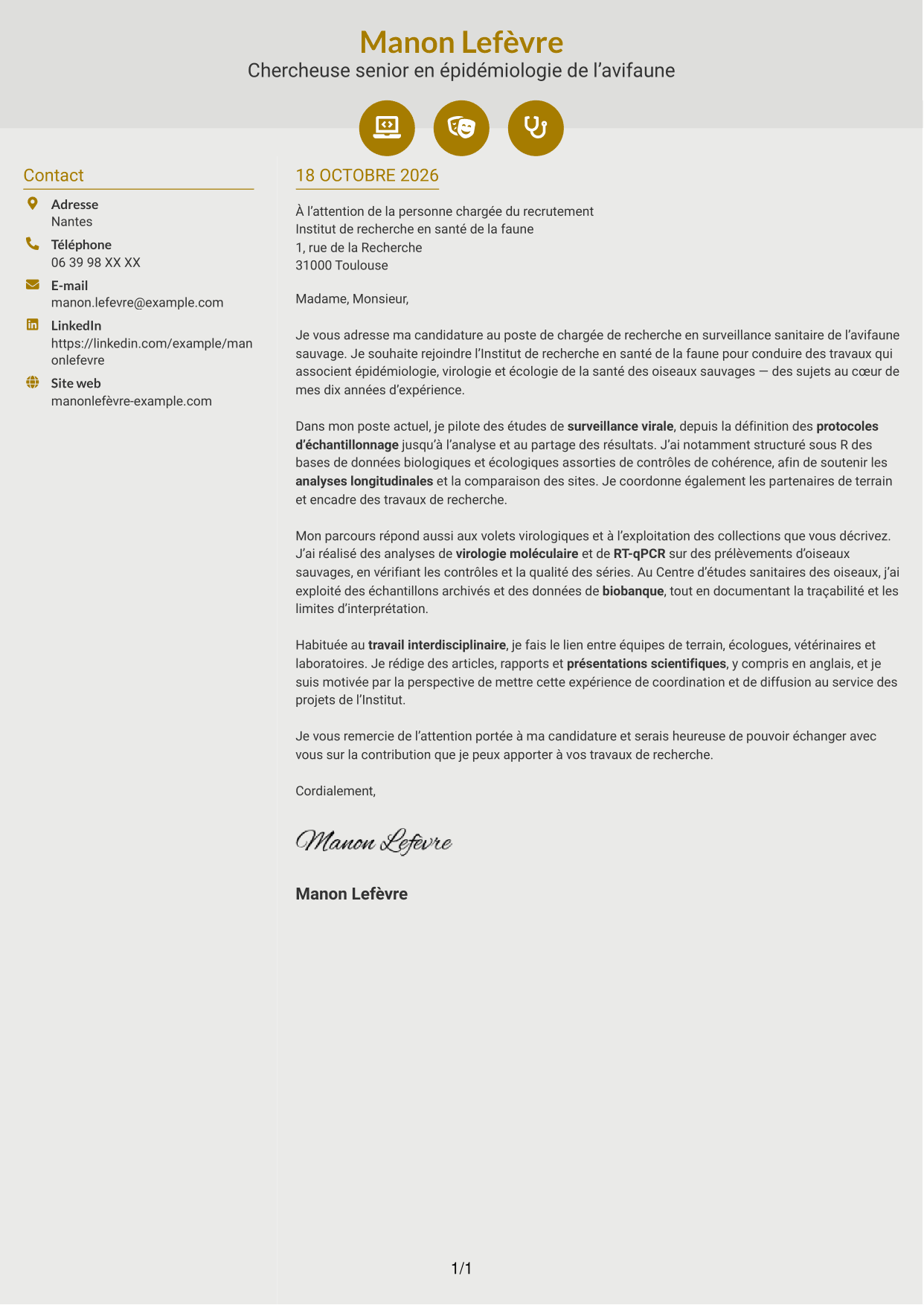 Lettre de motivation Dynamique (format à deux colonnes avec icônes) : Chargée de recherche - Surveillance sanitaire de l’avifaune sauvage, page 1