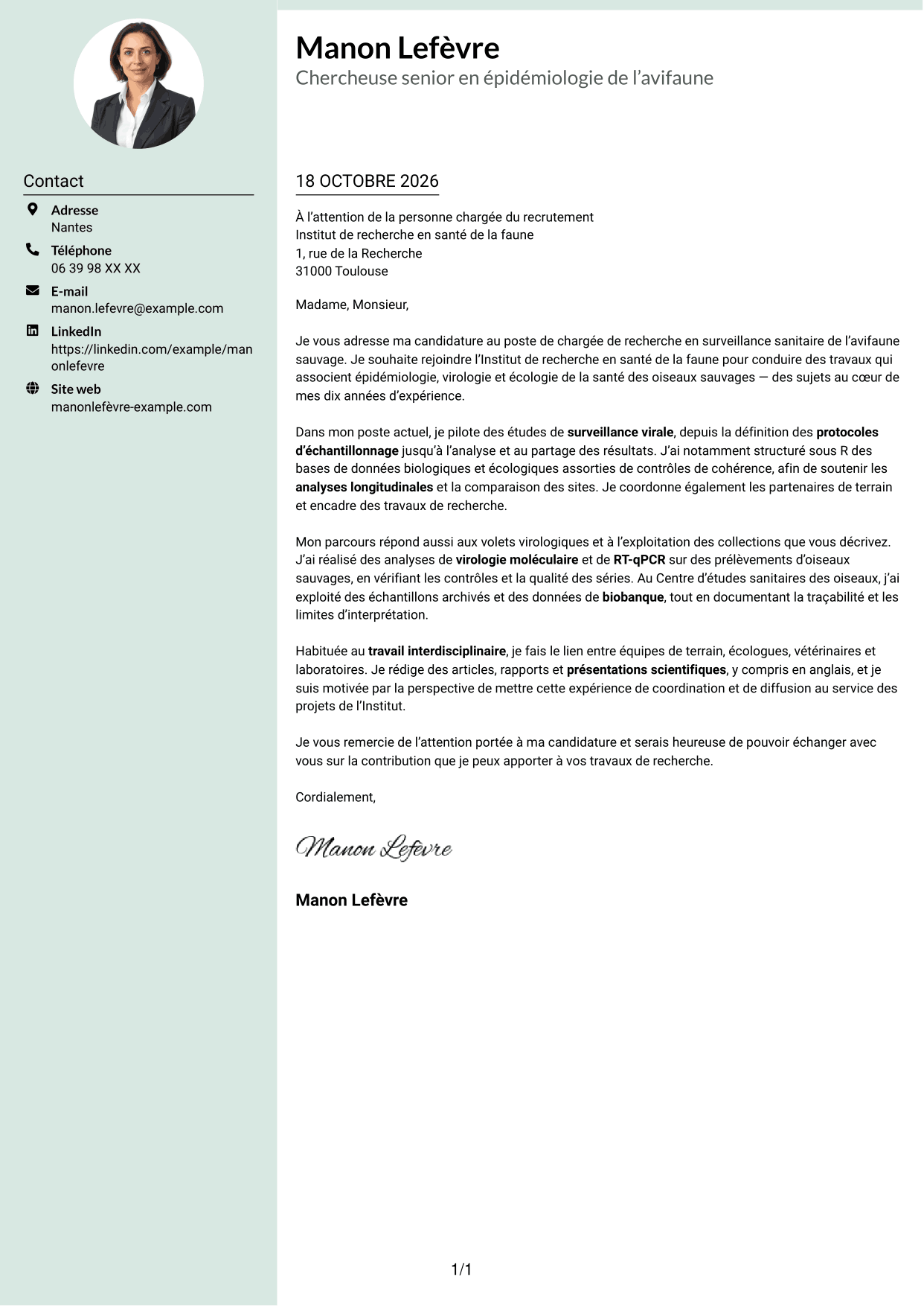 Lettre de motivation Cadre (format à colonne latérale douce avec photo arrondie) : Chargée de recherche - Surveillance sanitaire de l’avifaune sauvage, page 1