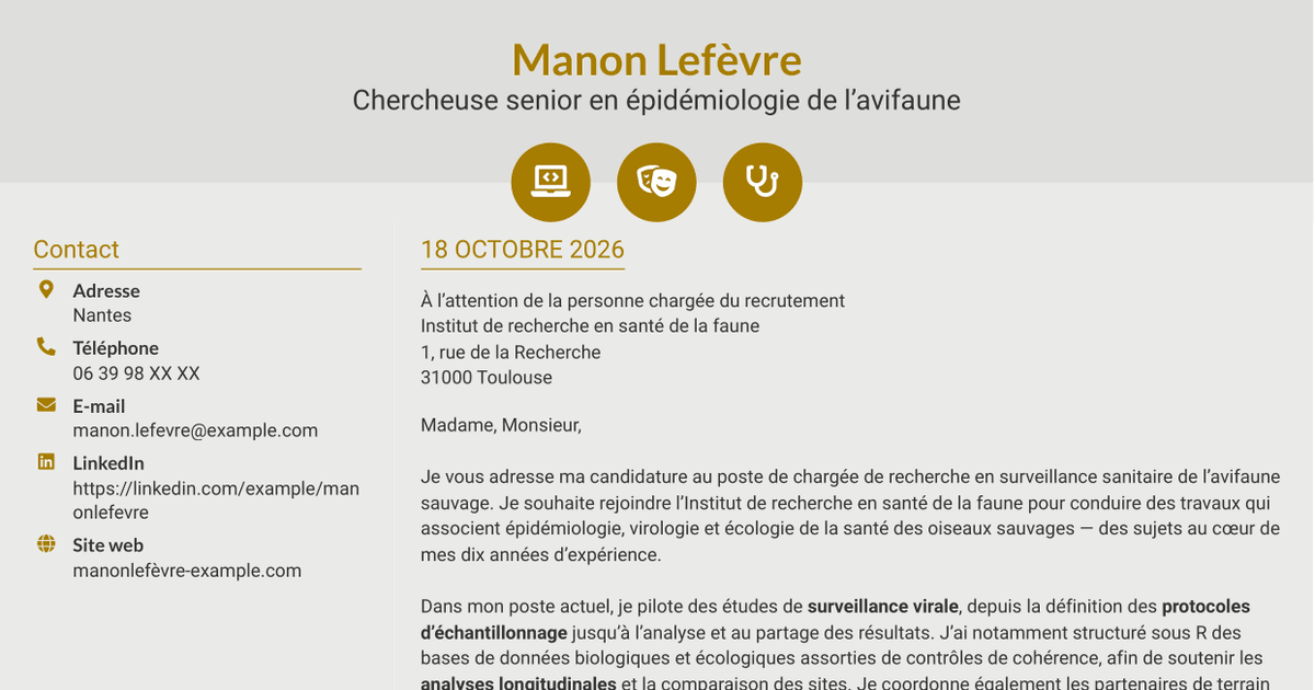 7 modèles de lettre de motivation pour Chargée de recherche - Surveillance sanitaire de l’avifaune sauvage, avec exemples