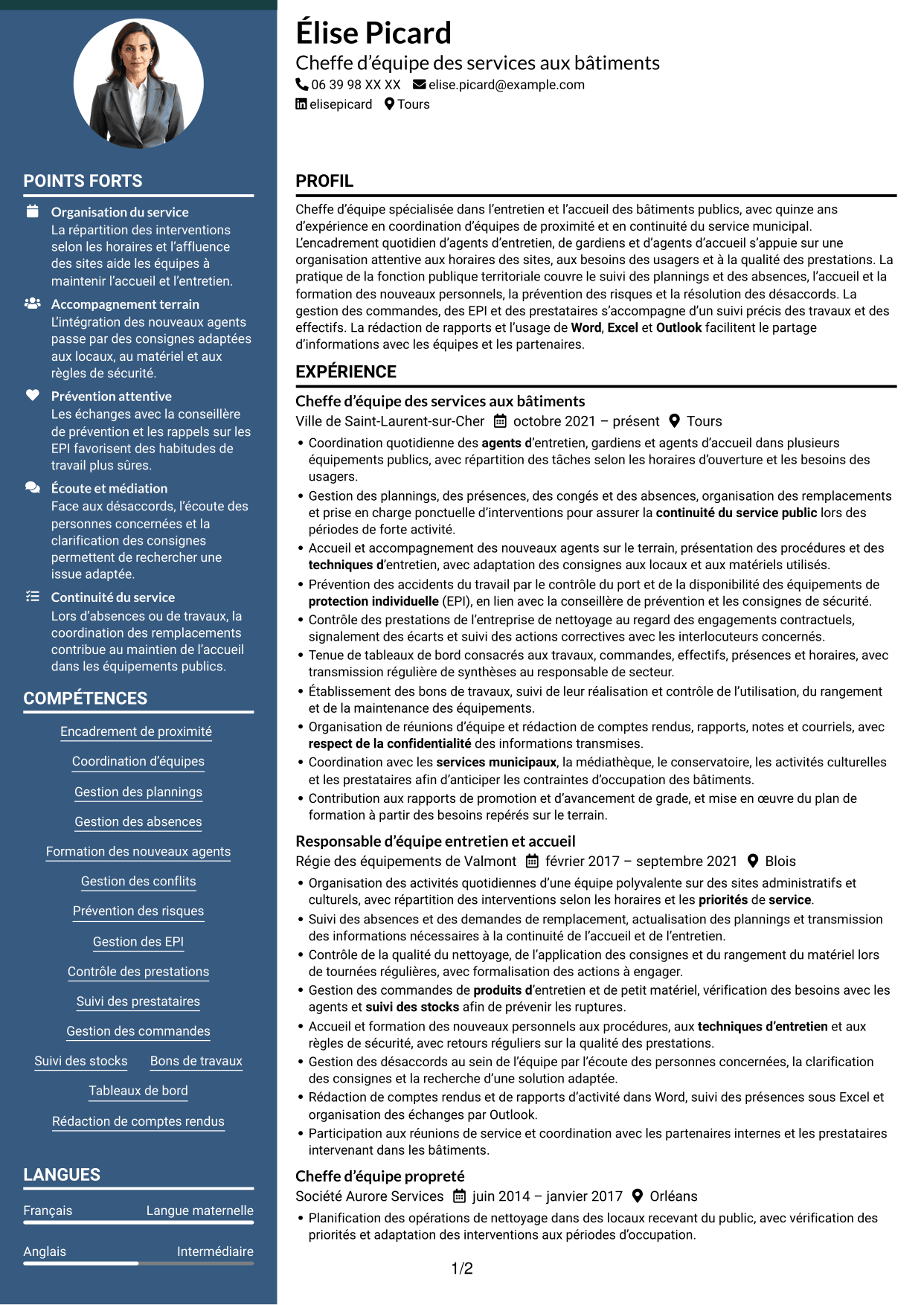 CV Élégant (format à colonne latérale colorée avec photo) : Chef d’équipe - Entretien des bâtiments publics, page 1