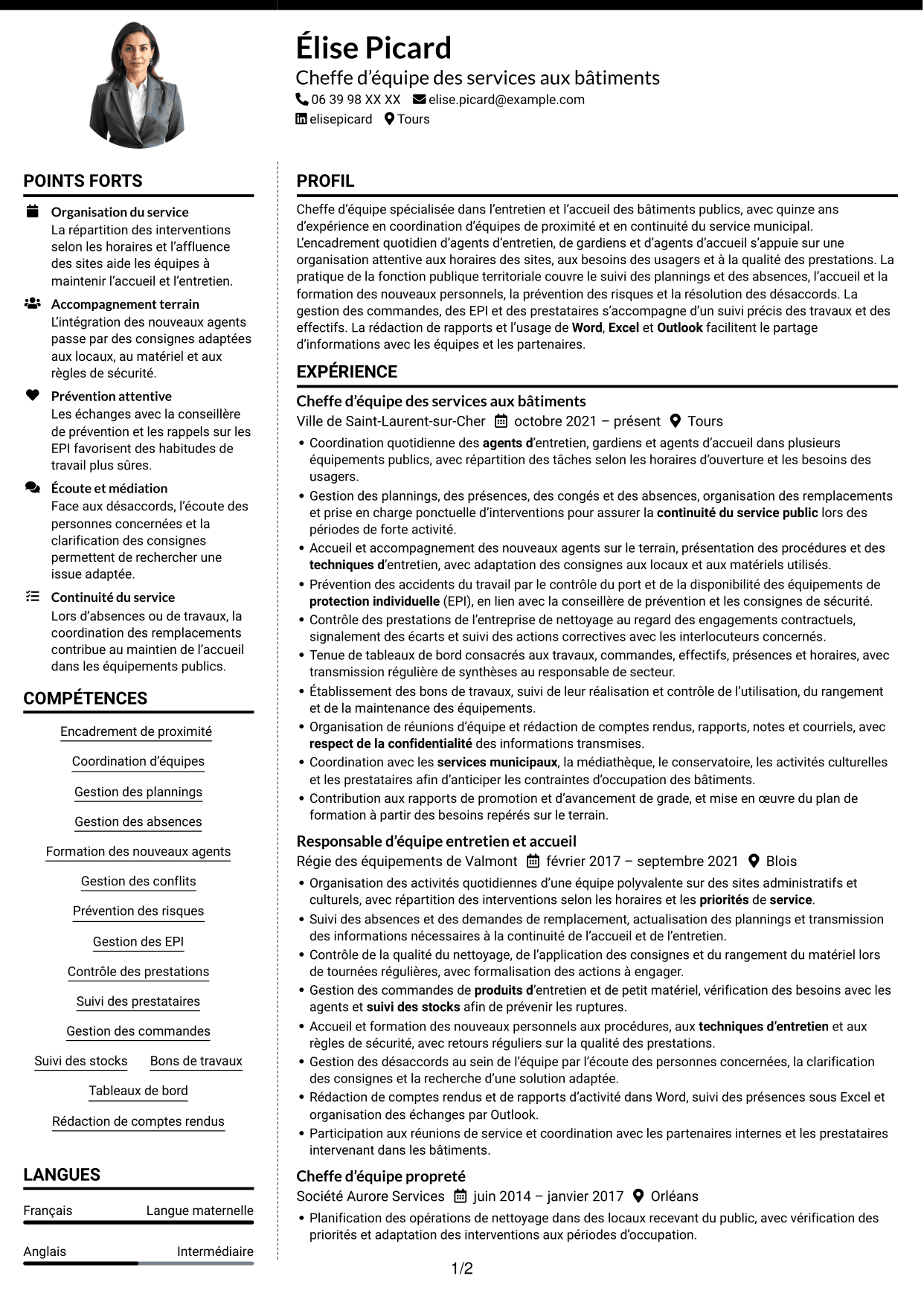 CV Moderne (format à deux colonnes avec photo à gauche et séparateur) : Chef d’équipe - Entretien des bâtiments publics, page 1