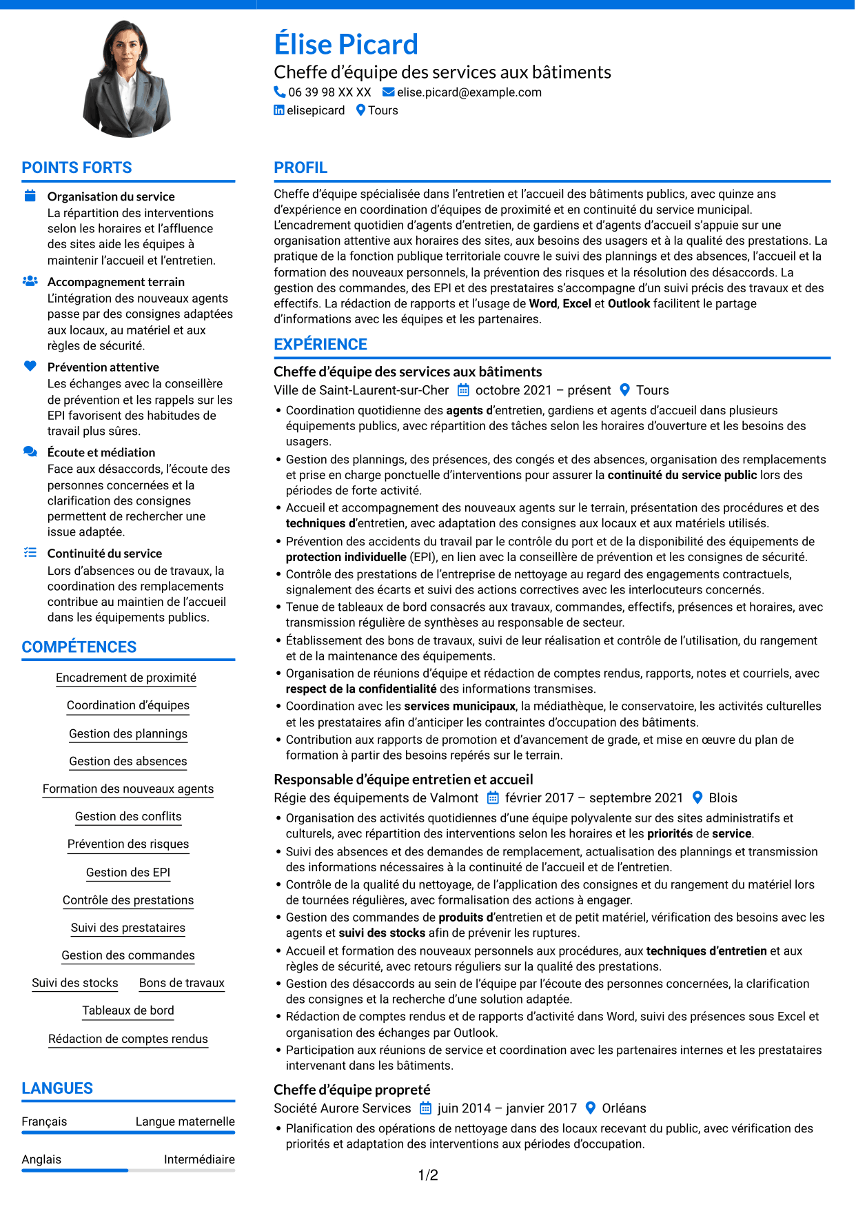 CV Audacieux (format à deux colonnes avec accents colorés et photo) : Chef d’équipe - Entretien des bâtiments publics, page 1