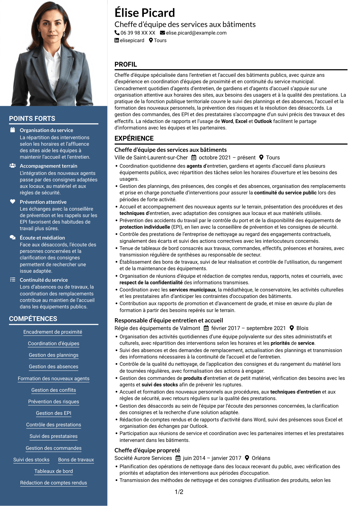 CV Signature (format à colonne latérale colorée avec grande photo) : Chef d’équipe - Entretien des bâtiments publics, page 1
