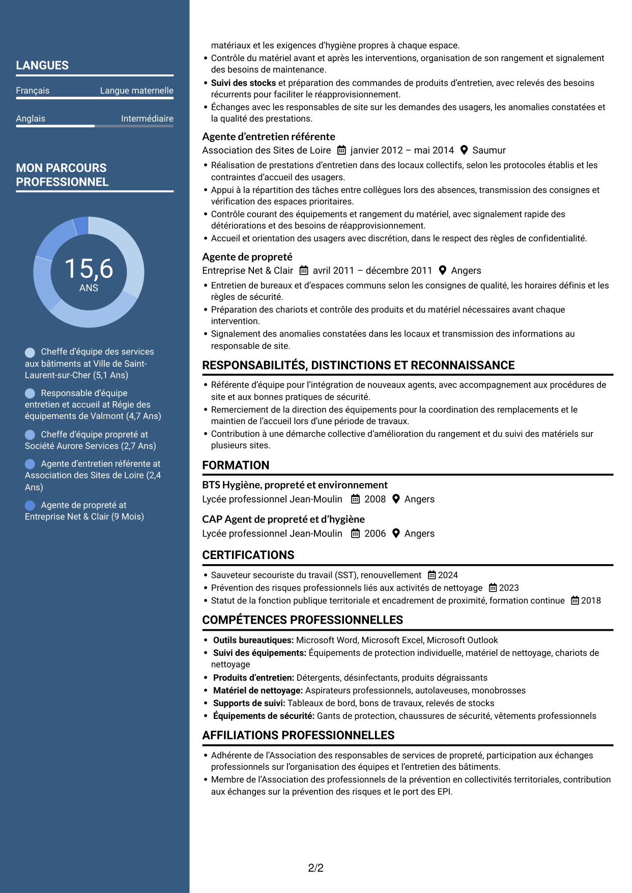 CV Signature (format à colonne latérale colorée avec grande photo) : Chef d’équipe - Entretien des bâtiments publics, page 2