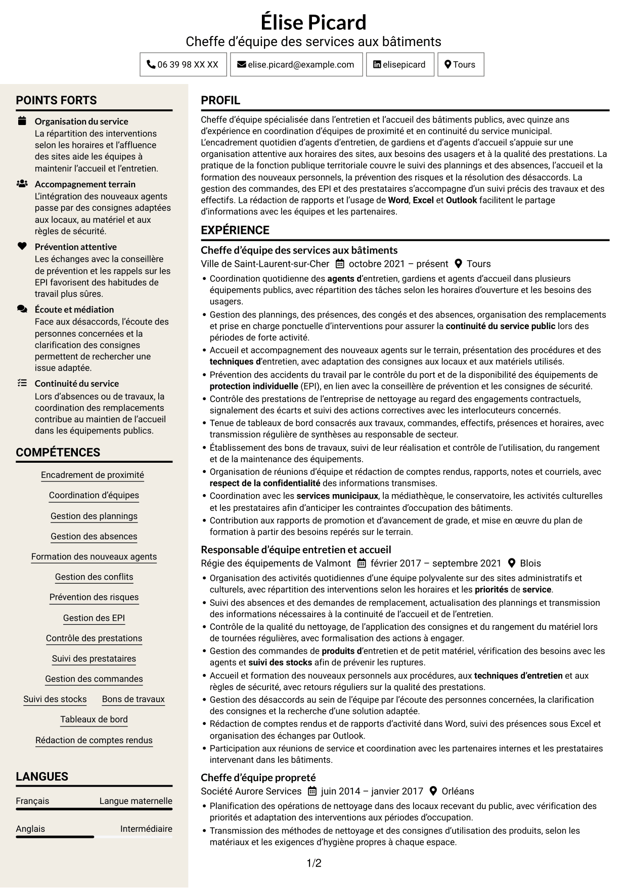 CV Fonceur (format à deux colonnes avec en-tête centré sans photo) : Chef d’équipe - Entretien des bâtiments publics, page 1