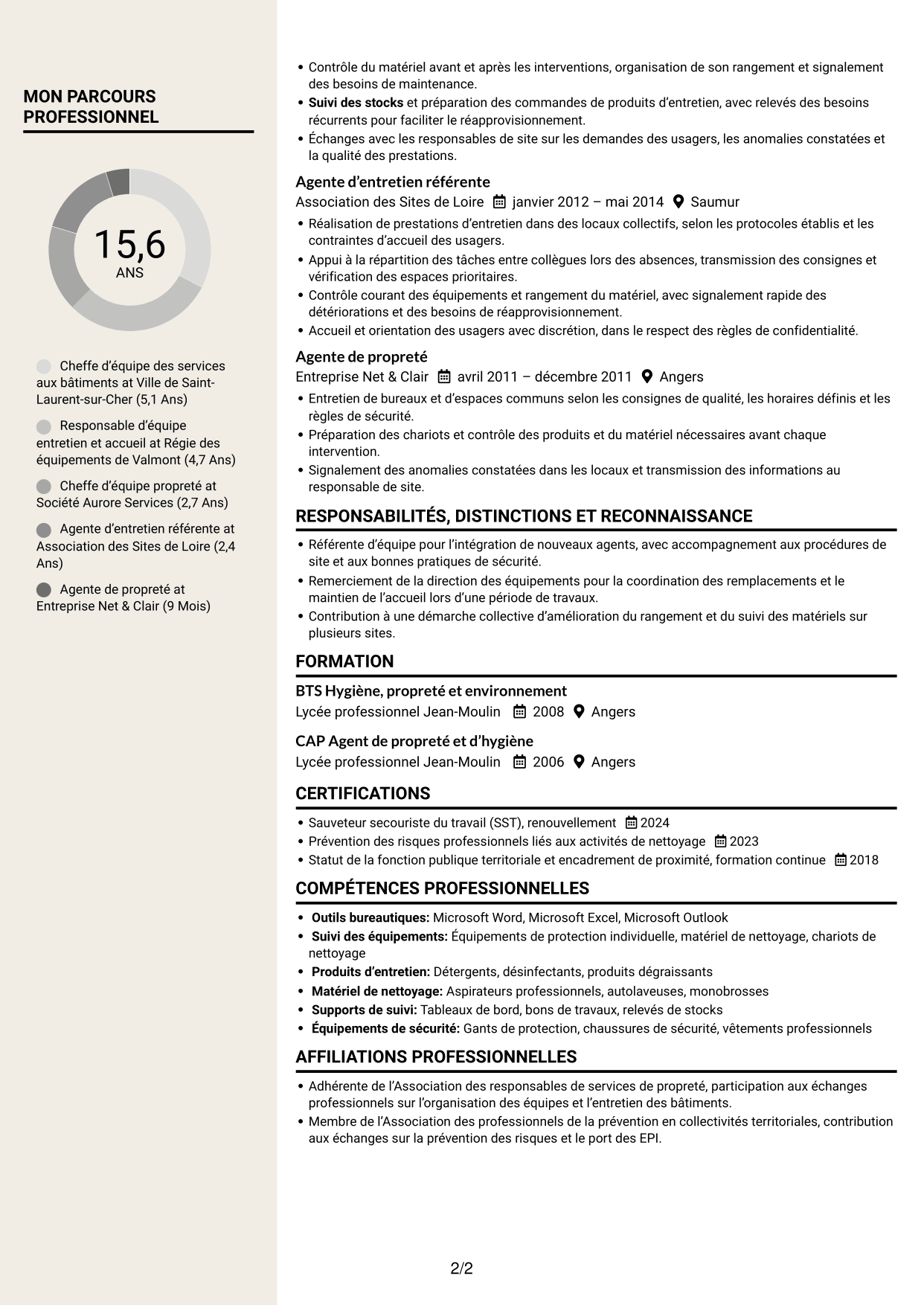 CV Fonceur (format à deux colonnes avec en-tête centré sans photo) : Chef d’équipe - Entretien des bâtiments publics, page 2