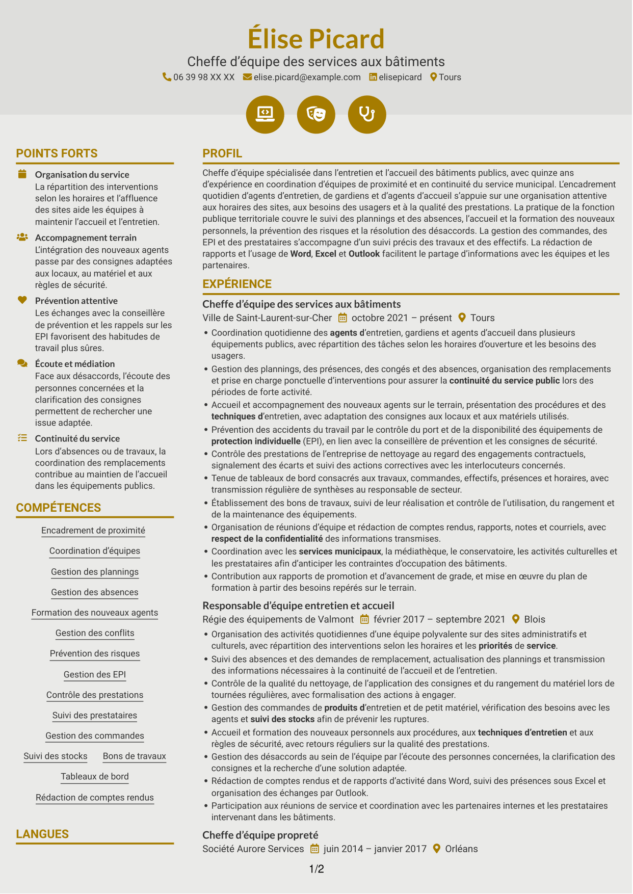 CV Dynamique (format à deux colonnes avec icônes) : Chef d’équipe - Entretien des bâtiments publics, page 1
