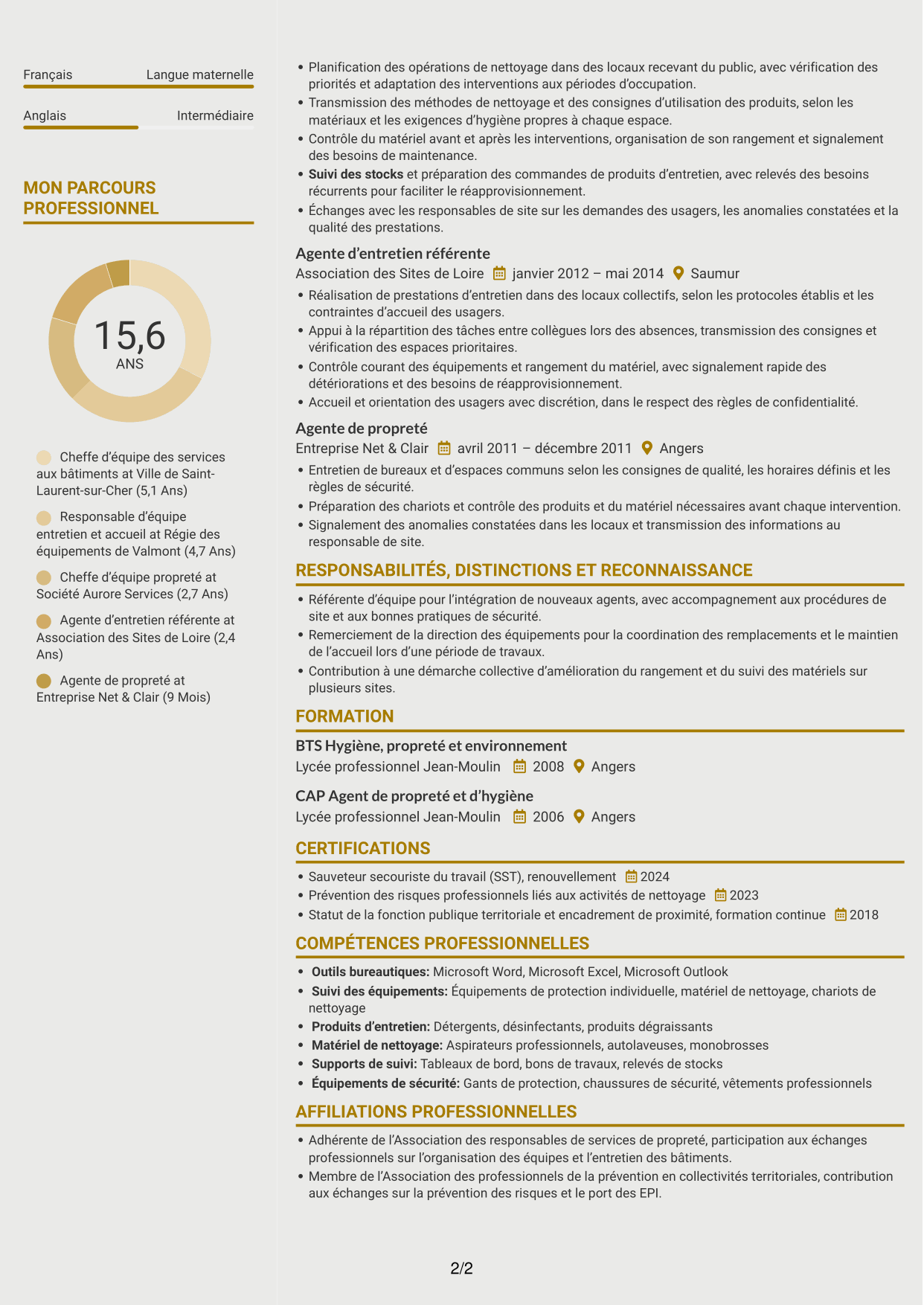 CV Dynamique (format à deux colonnes avec icônes) : Chef d’équipe - Entretien des bâtiments publics, page 2