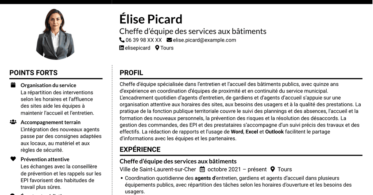 7 modèles de CV pour Chef d’équipe - Entretien des bâtiments publics, avec exemples
