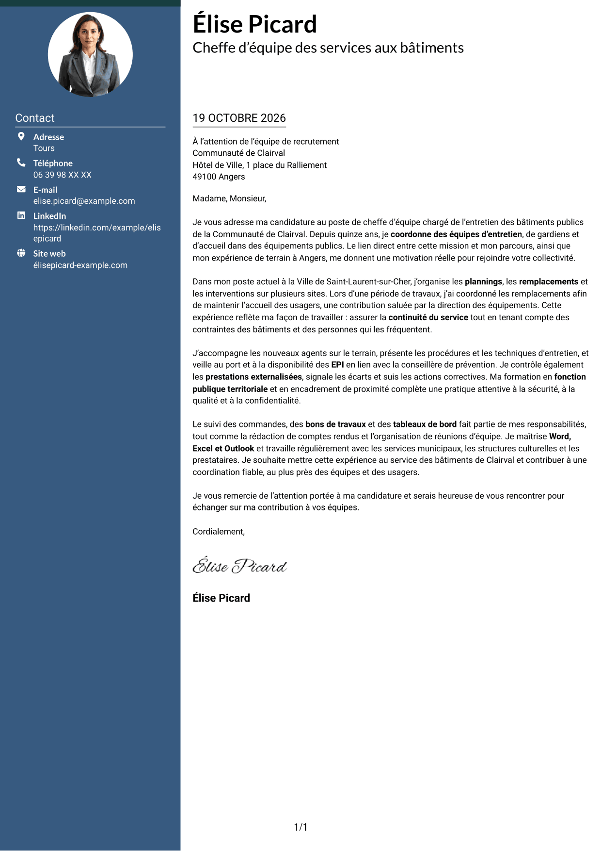 Lettre de motivation Élégant (format à colonne latérale colorée avec photo) : Chef d’équipe - Entretien des bâtiments publics, page 1