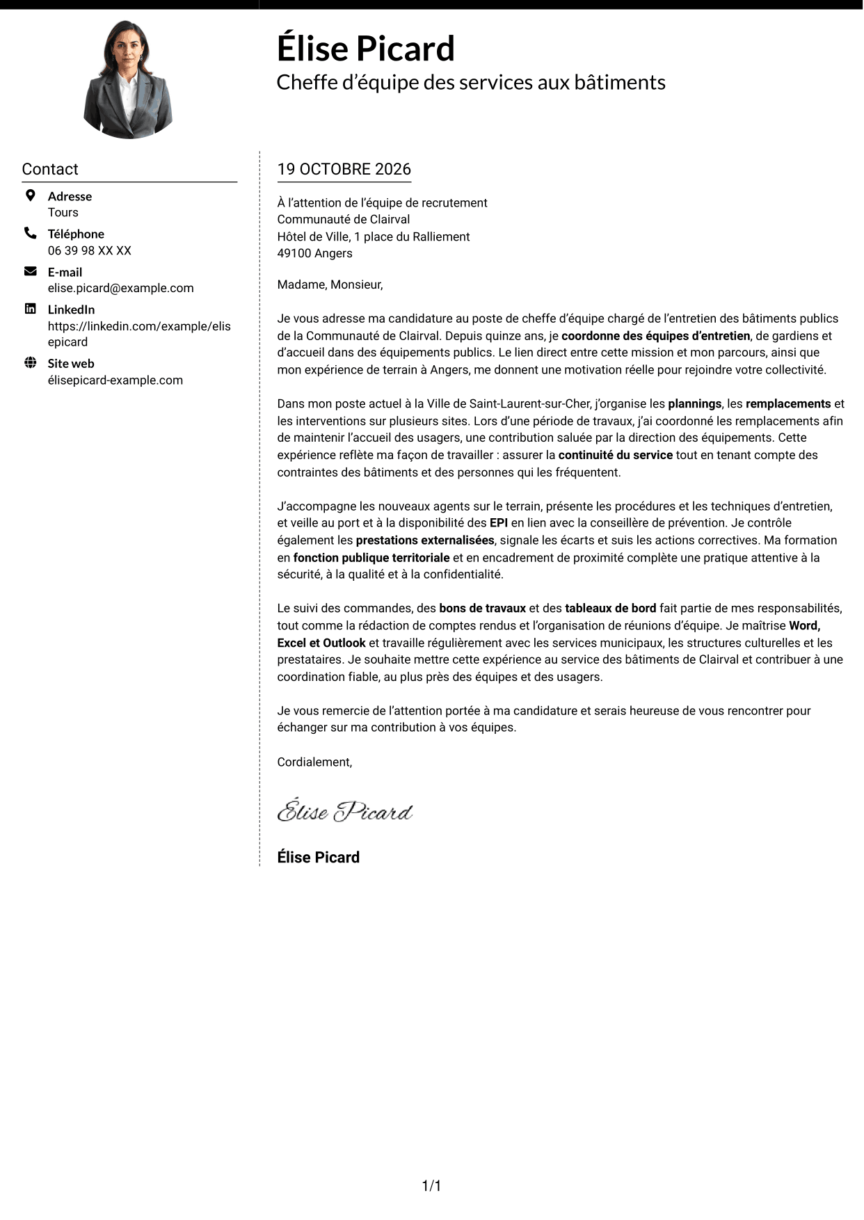 Lettre de motivation Moderne (format à deux colonnes avec photo à gauche et séparateur) : Chef d’équipe - Entretien des bâtiments publics, page 1