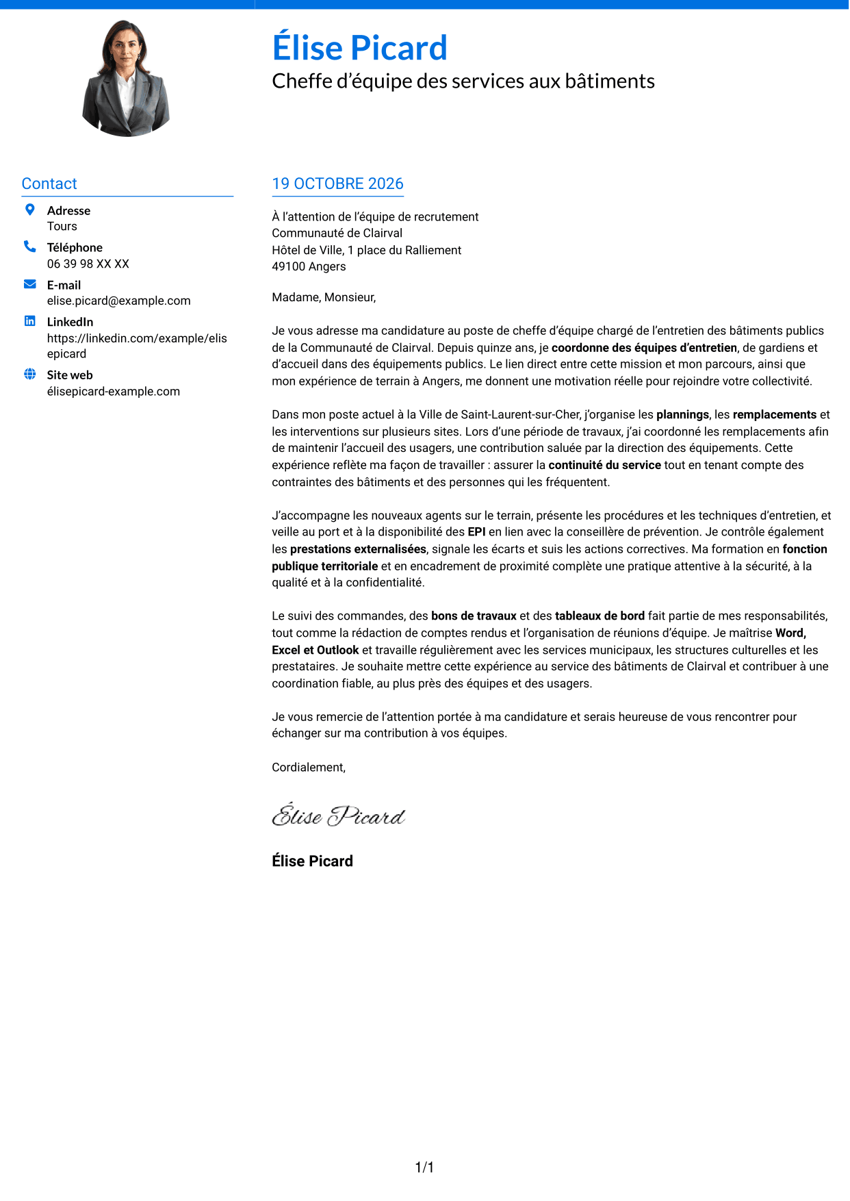 Lettre de motivation Audacieux (format à deux colonnes avec accents colorés et photo) : Chef d’équipe - Entretien des bâtiments publics, page 1