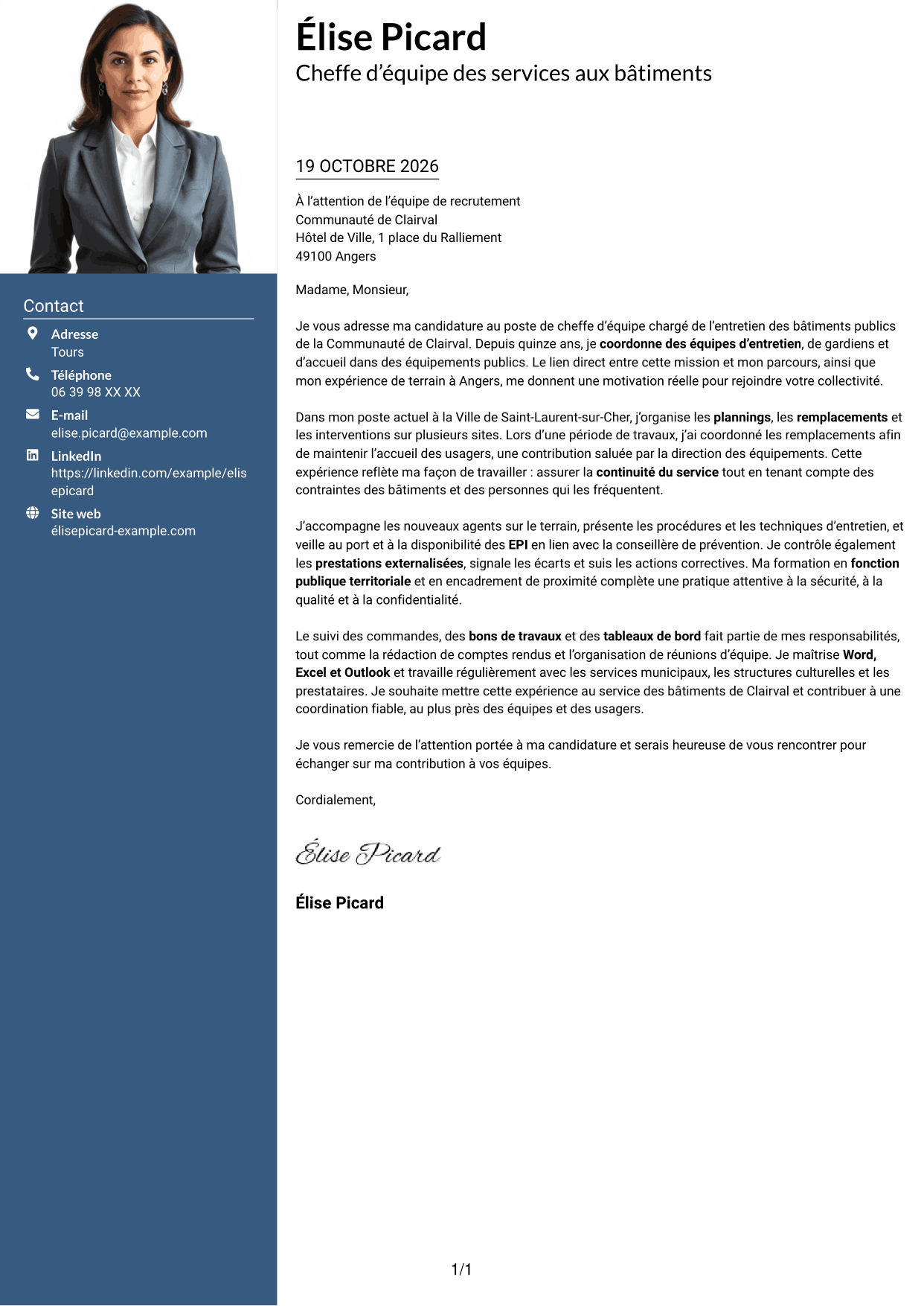 Lettre de motivation Signature (format à colonne latérale colorée avec grande photo) : Chef d’équipe - Entretien des bâtiments publics, page 1