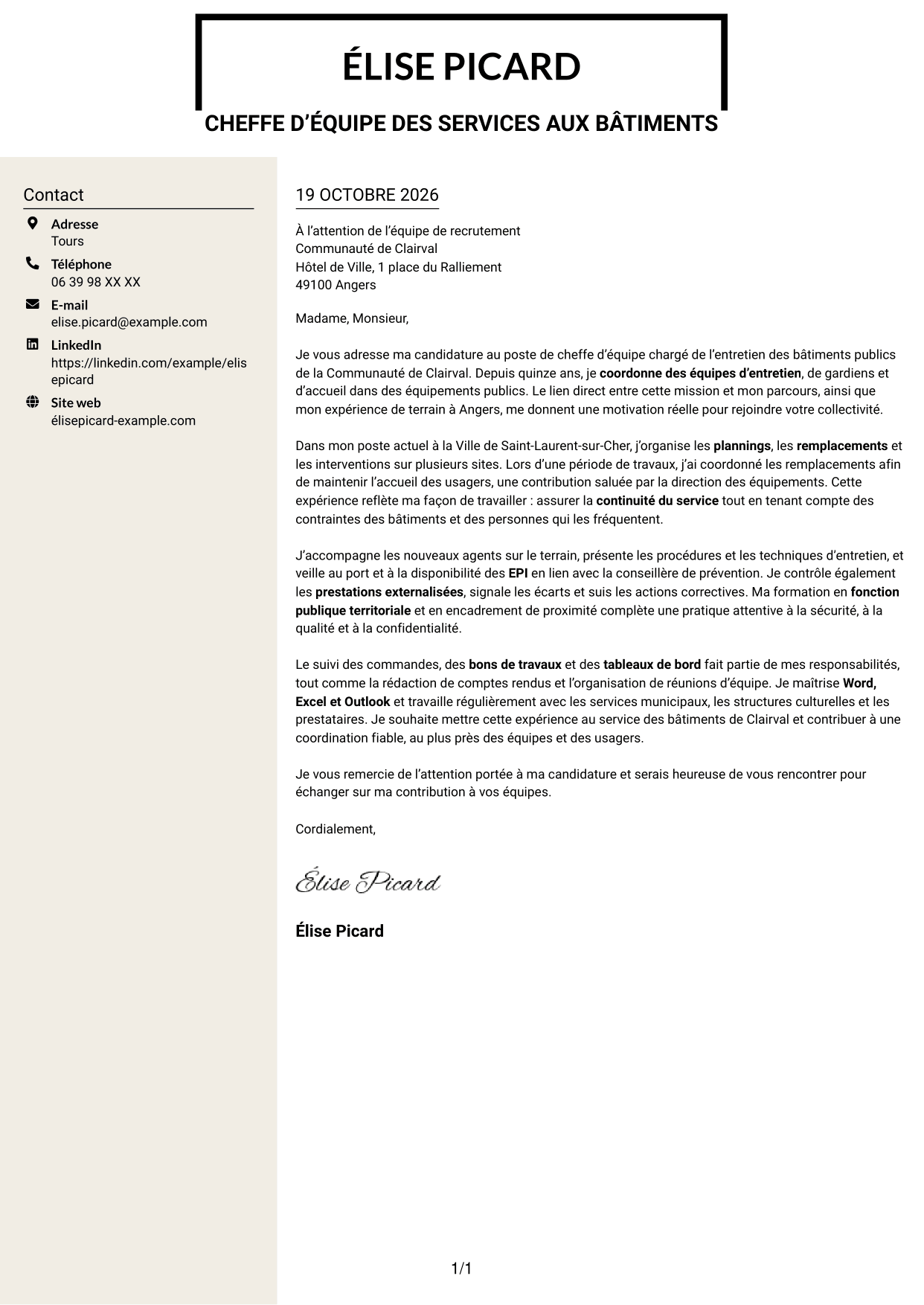 Lettre de motivation Fonceur (format à deux colonnes avec en-tête centré sans photo) : Chef d’équipe - Entretien des bâtiments publics, page 1